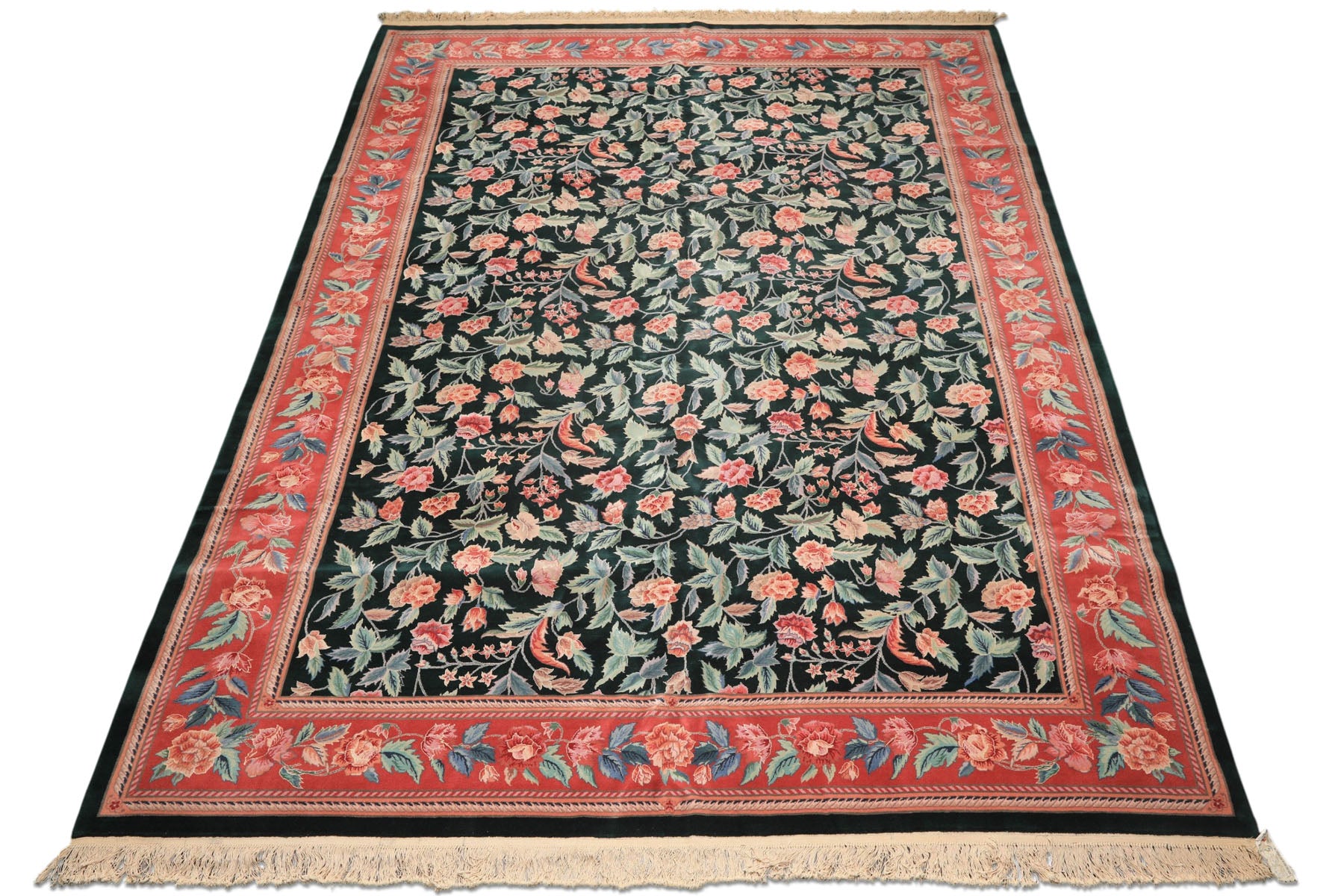 10x14 Emerald, Pink, Rose Color Hand Knotted Sino Persian Wool & Silk Traditional Oriental Rug