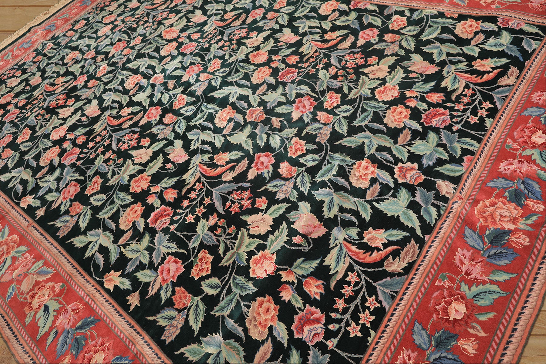 10x14 Emerald, Pink, Rose Color Hand Knotted Sino Persian Wool & Silk Traditional Oriental Rug