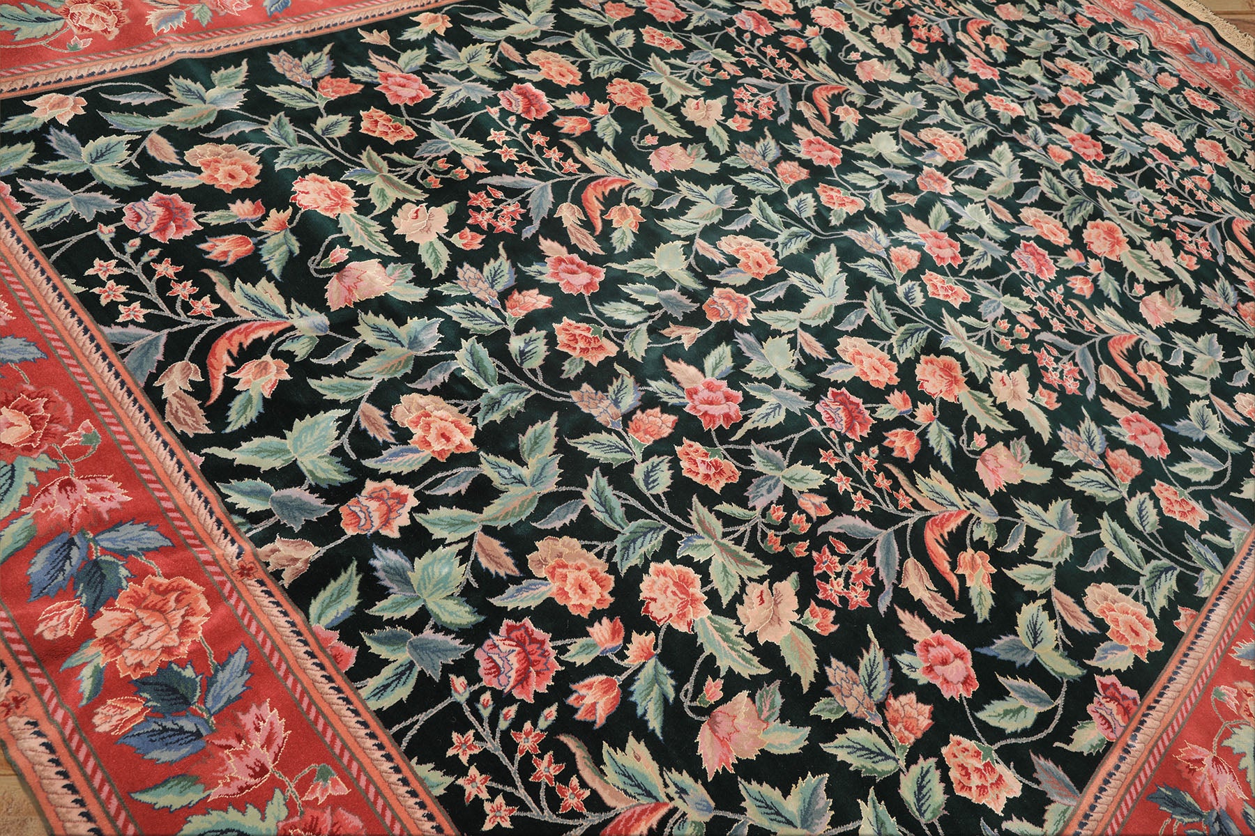 10x14 Emerald, Pink, Rose Color Hand Knotted Sino Persian Wool & Silk Traditional Oriental Rug