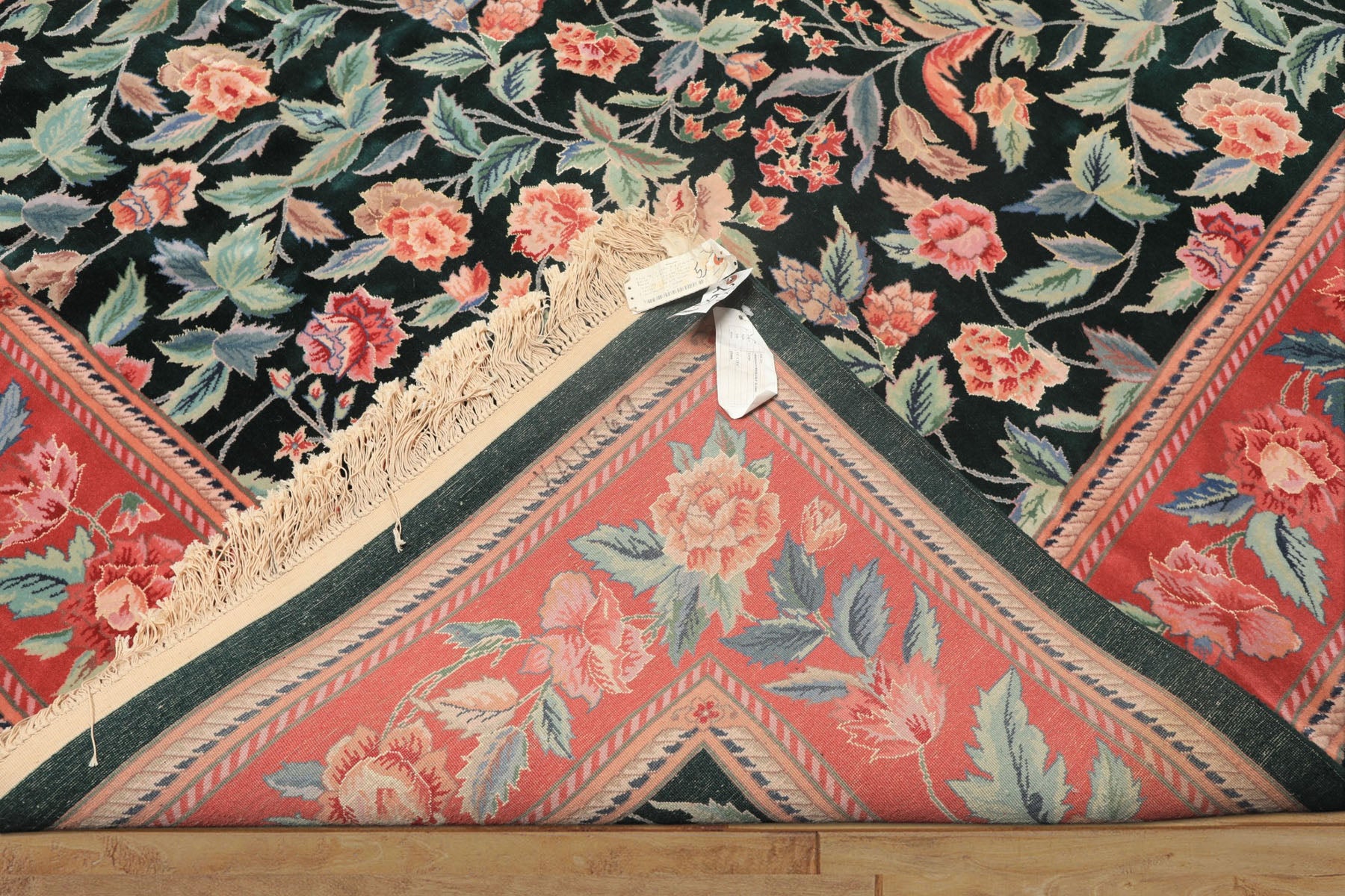 10x14 Emerald, Pink, Rose Color Hand Knotted Sino Persian Wool & Silk Traditional Oriental Rug