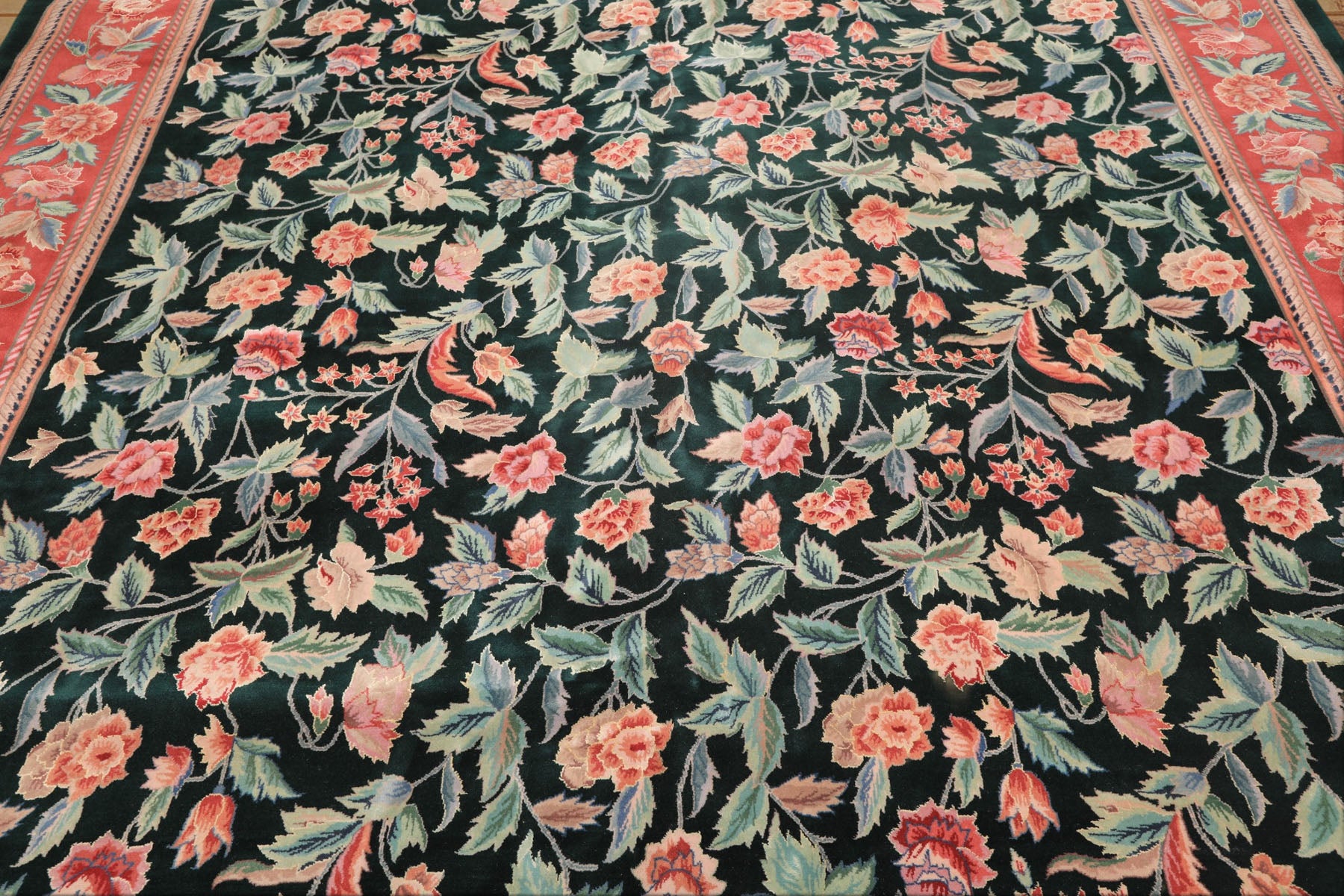 10x14 Emerald, Pink, Rose Color Hand Knotted Sino Persian Wool & Silk Traditional Oriental Rug