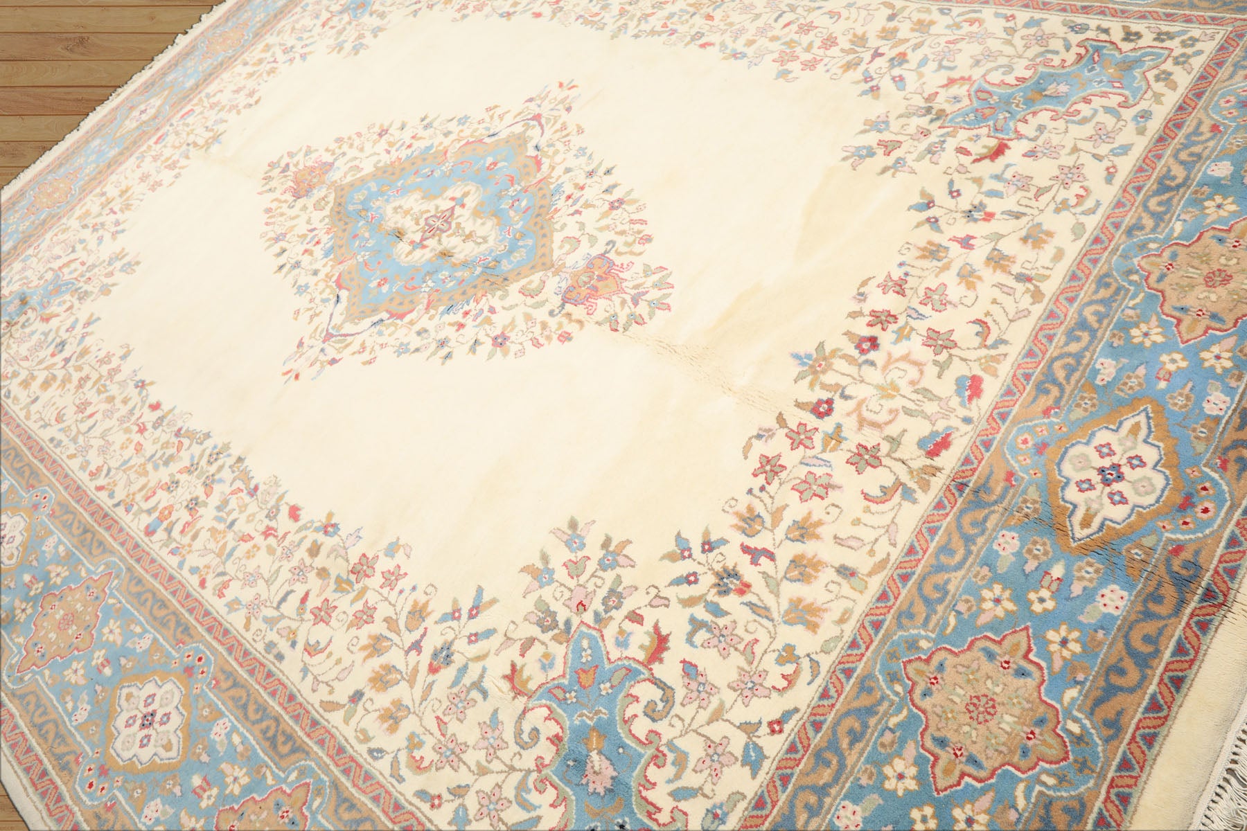 9x12 Ivory, Aqua, Tan Color Hand Knotted Kerman Wool Traditional/ Medallion Oriental Rug