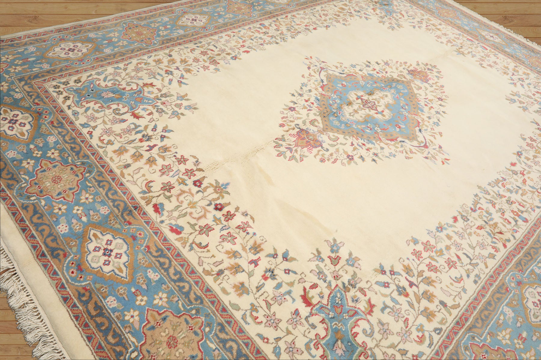 9x12 Ivory, Aqua, Tan Color Hand Knotted Kerman Wool Traditional/ Medallion Oriental Rug