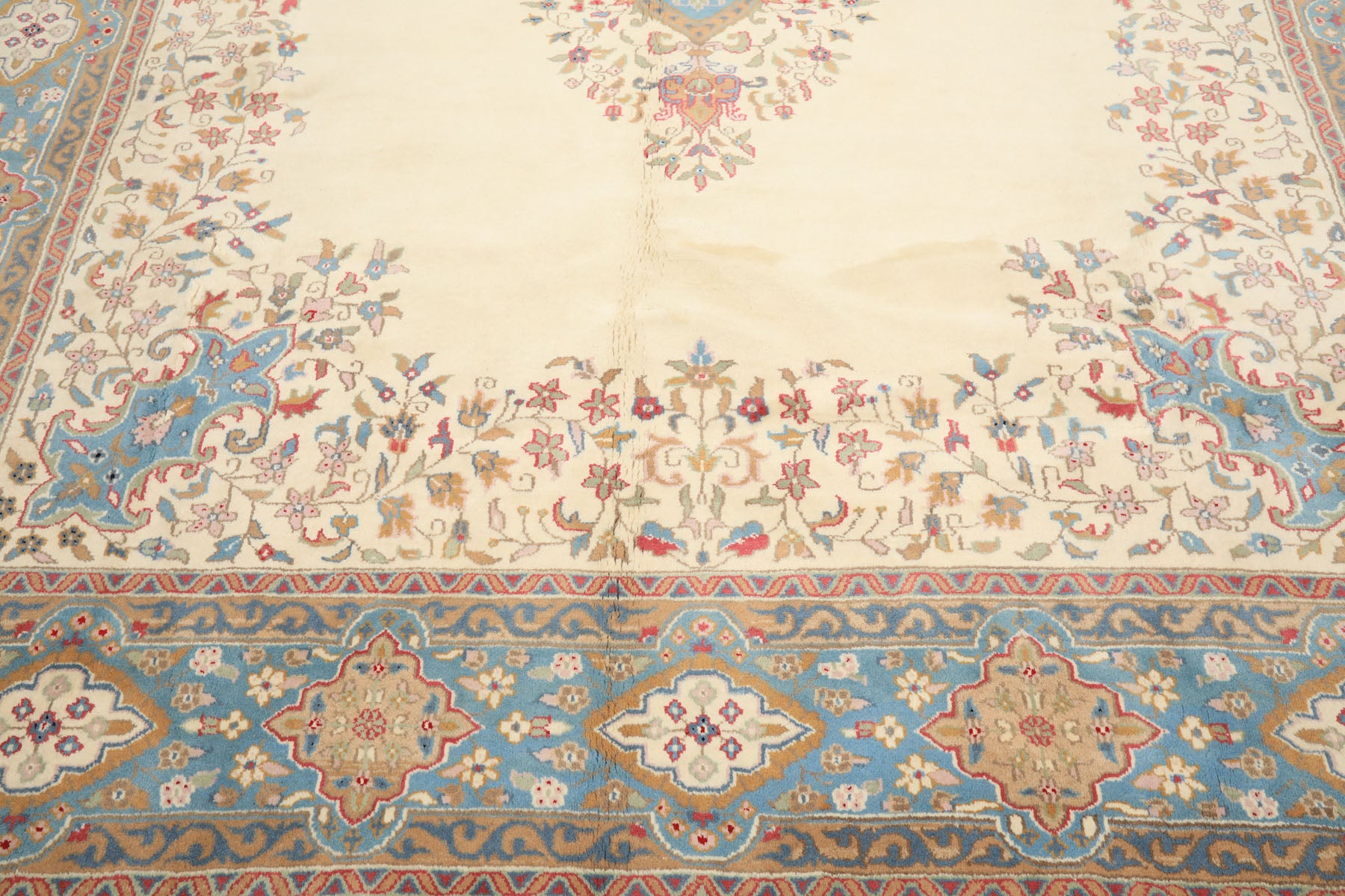 9x12 Ivory, Aqua, Tan Color Hand Knotted Kerman Wool Traditional/ Medallion Oriental Rug