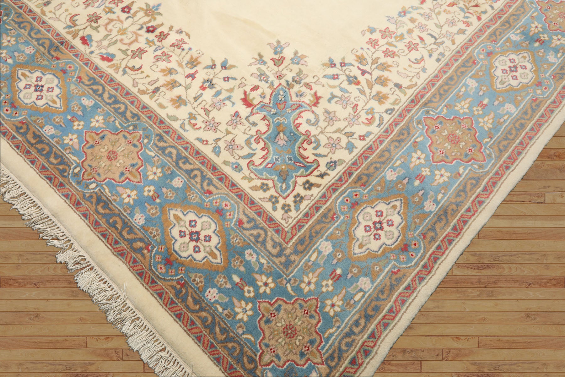 9x12 Ivory, Aqua, Tan Color Hand Knotted Kerman Wool Traditional/ Medallion Oriental Rug