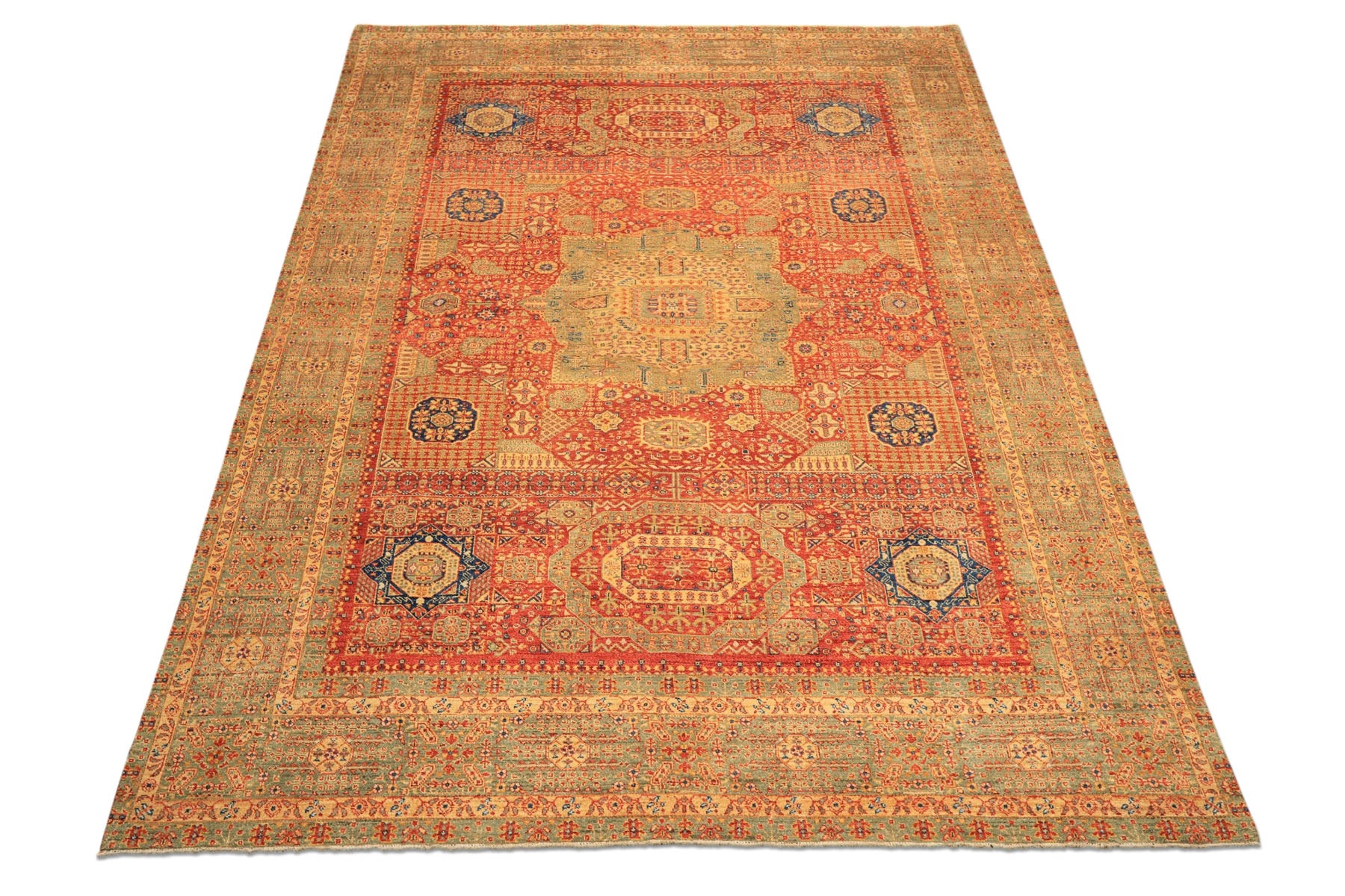 9x12 Burnt Orange, Gold, Celadone Color Hand Knotted Cairene Mamluk Wool Traditional Oriental Rug