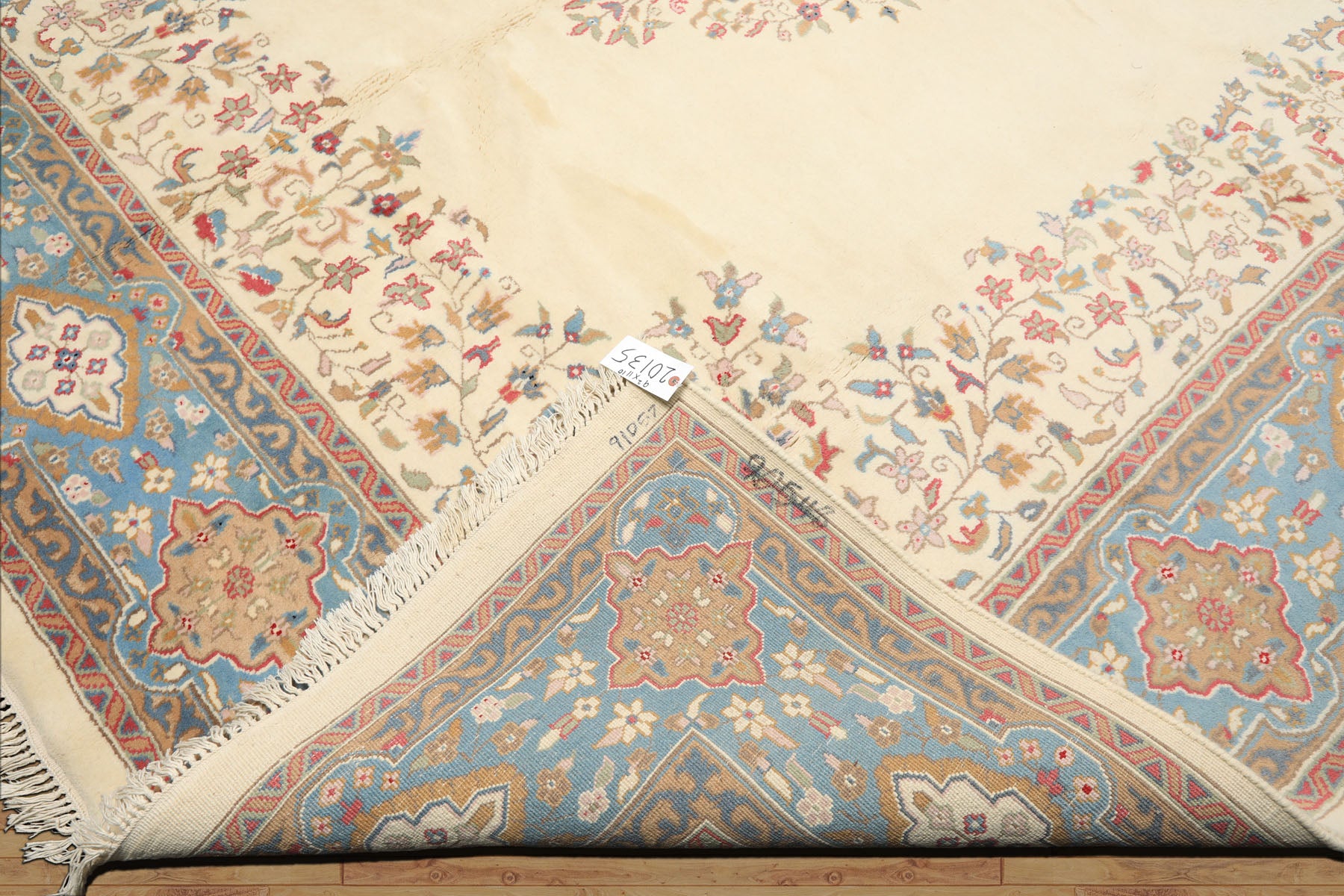 9x12 Ivory, Aqua, Tan Color Hand Knotted Kerman Wool Traditional/ Medallion Oriental Rug