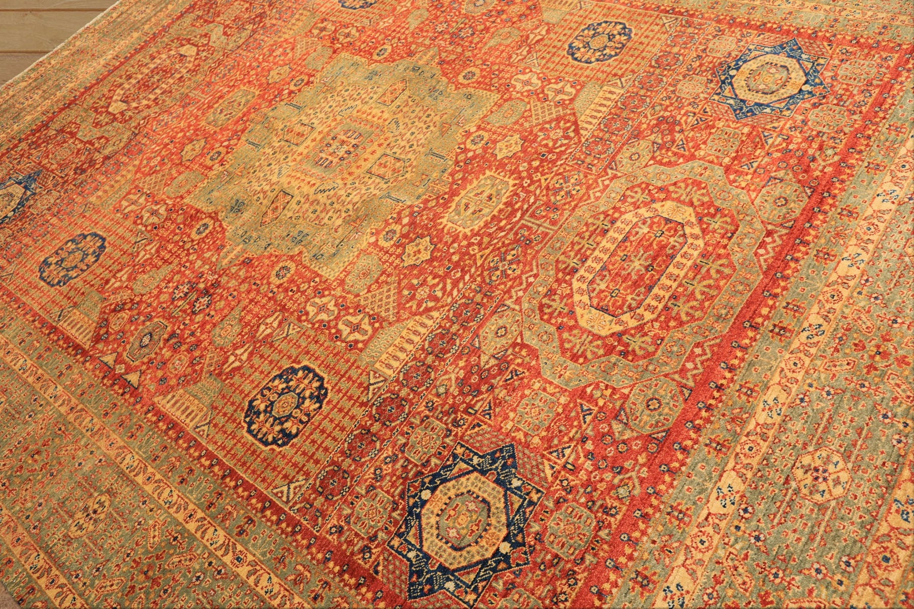 9x12 Burnt Orange, Gold, Celadone Color Hand Knotted Cairene Mamluk Wool Traditional Oriental Rug