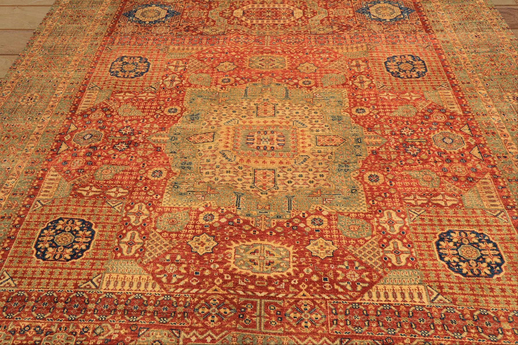9x12 Burnt Orange, Gold, Celadone Color Hand Knotted Cairene Mamluk Wool Traditional Oriental Rug