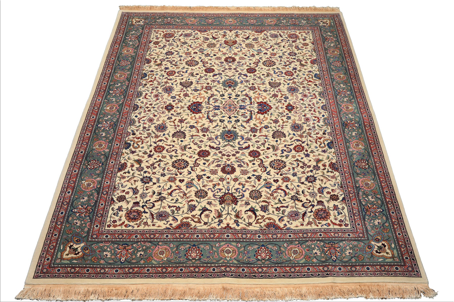 9x12 Ivory, Aqua, Rose Color Hand Knotted Kashan Wool Traditional/ Medallion Oriental Rug