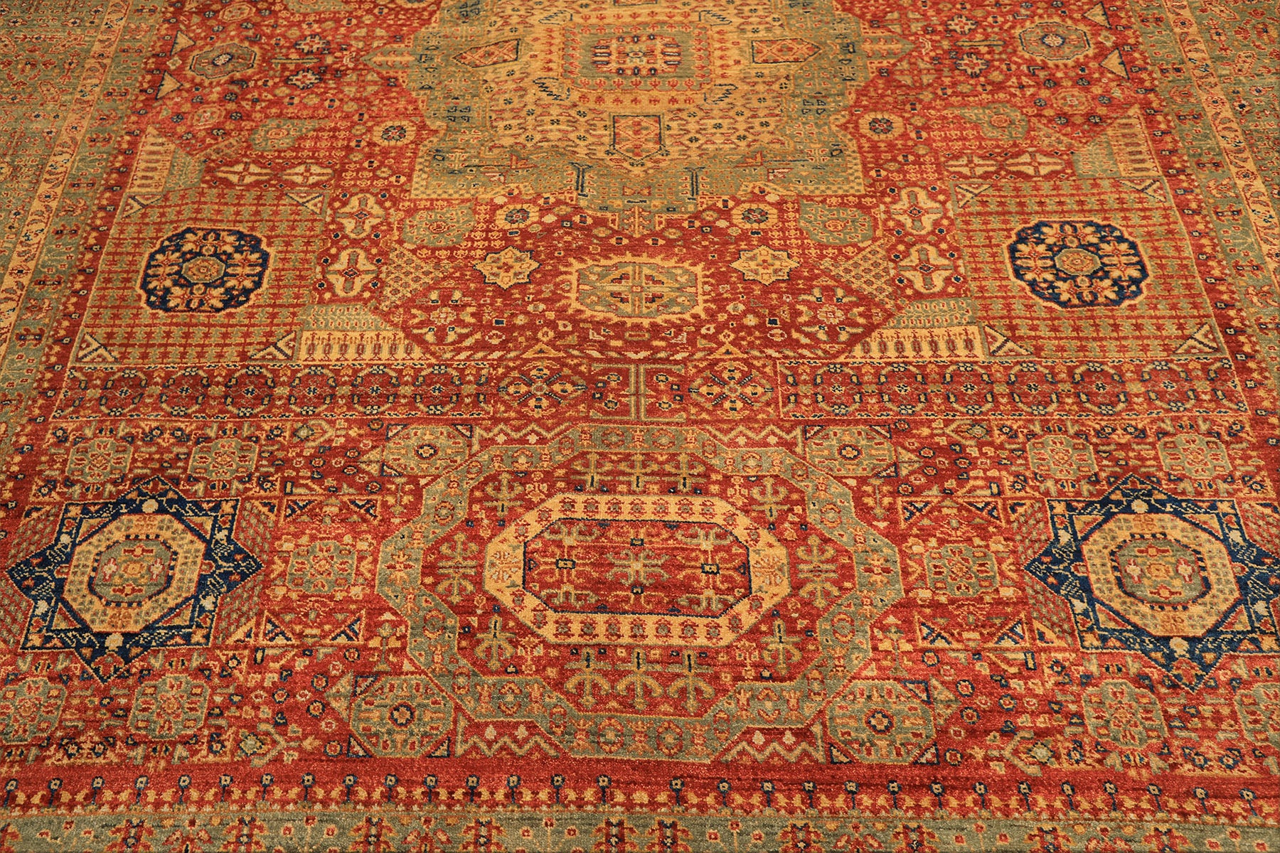 9x12 Burnt Orange, Gold, Celadone Color Hand Knotted Cairene Mamluk Wool Traditional Oriental Rug
