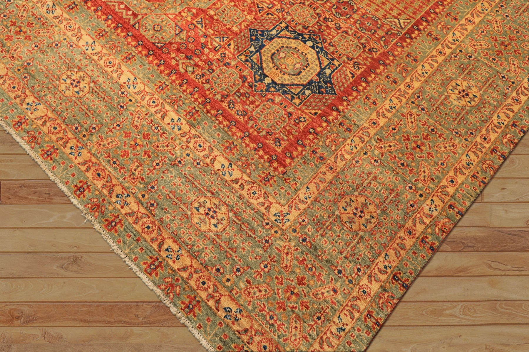 9x12 Burnt Orange, Gold, Celadone Color Hand Knotted Cairene Mamluk Wool Traditional Oriental Rug