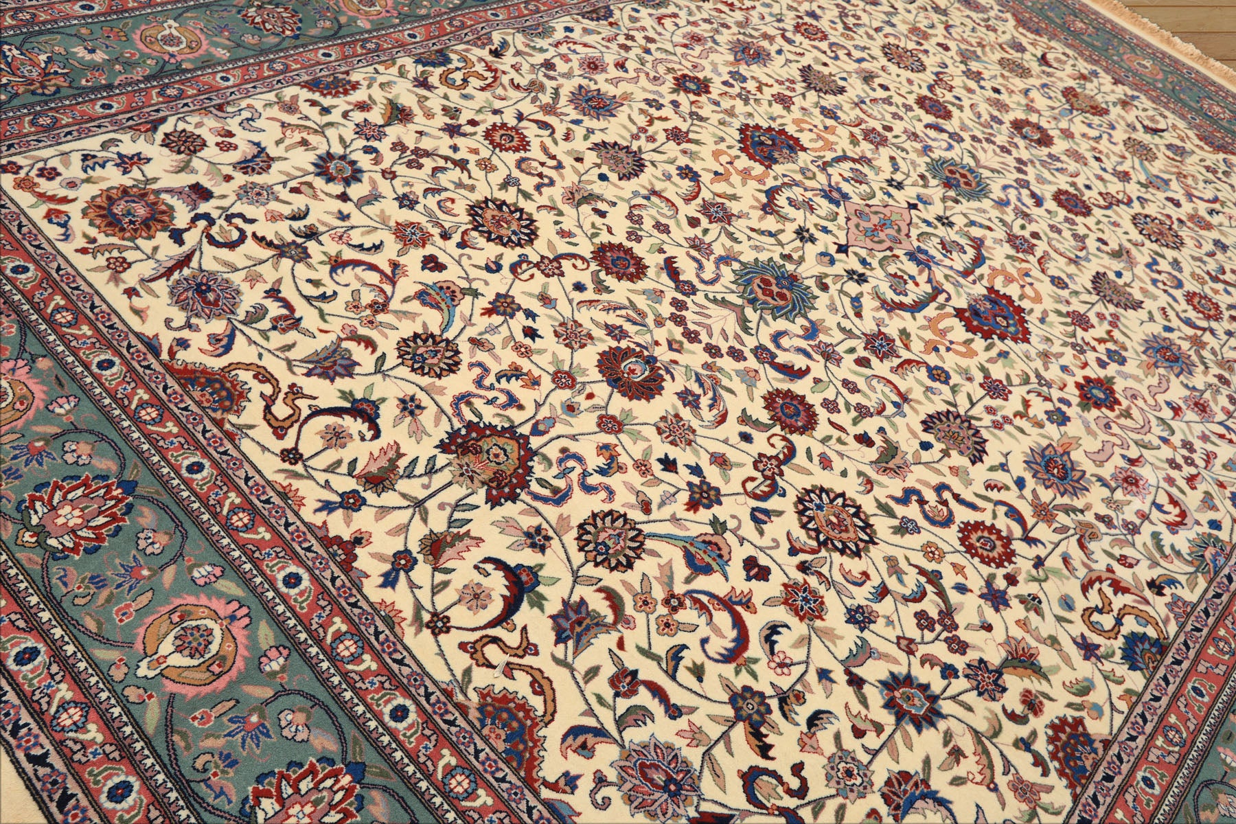 9x12 Ivory, Aqua, Rose Color Hand Knotted Kashan Wool Traditional/ Medallion Oriental Rug