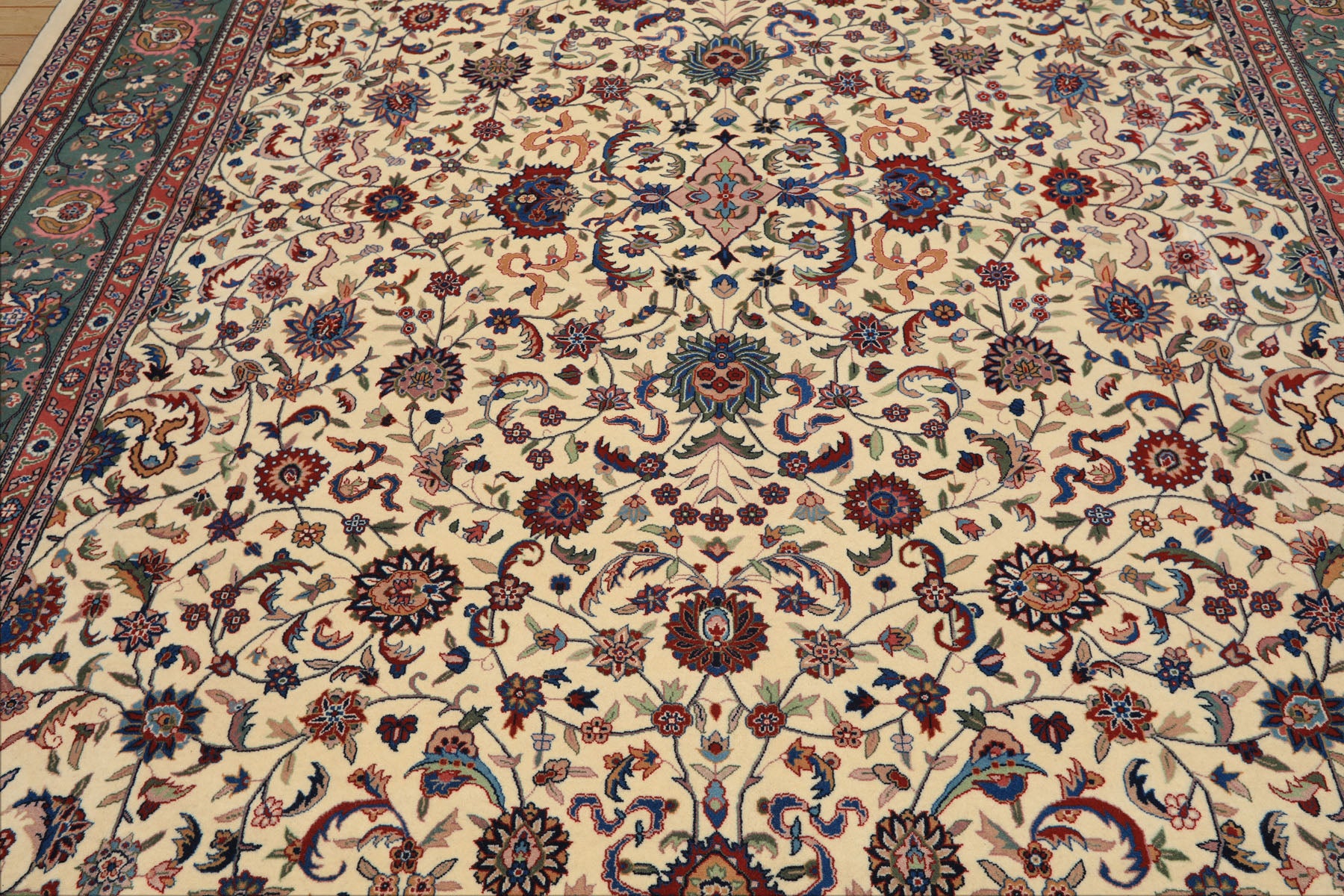 9x12 Ivory, Aqua, Rose Color Hand Knotted Kashan Wool Traditional/ Medallion Oriental Rug