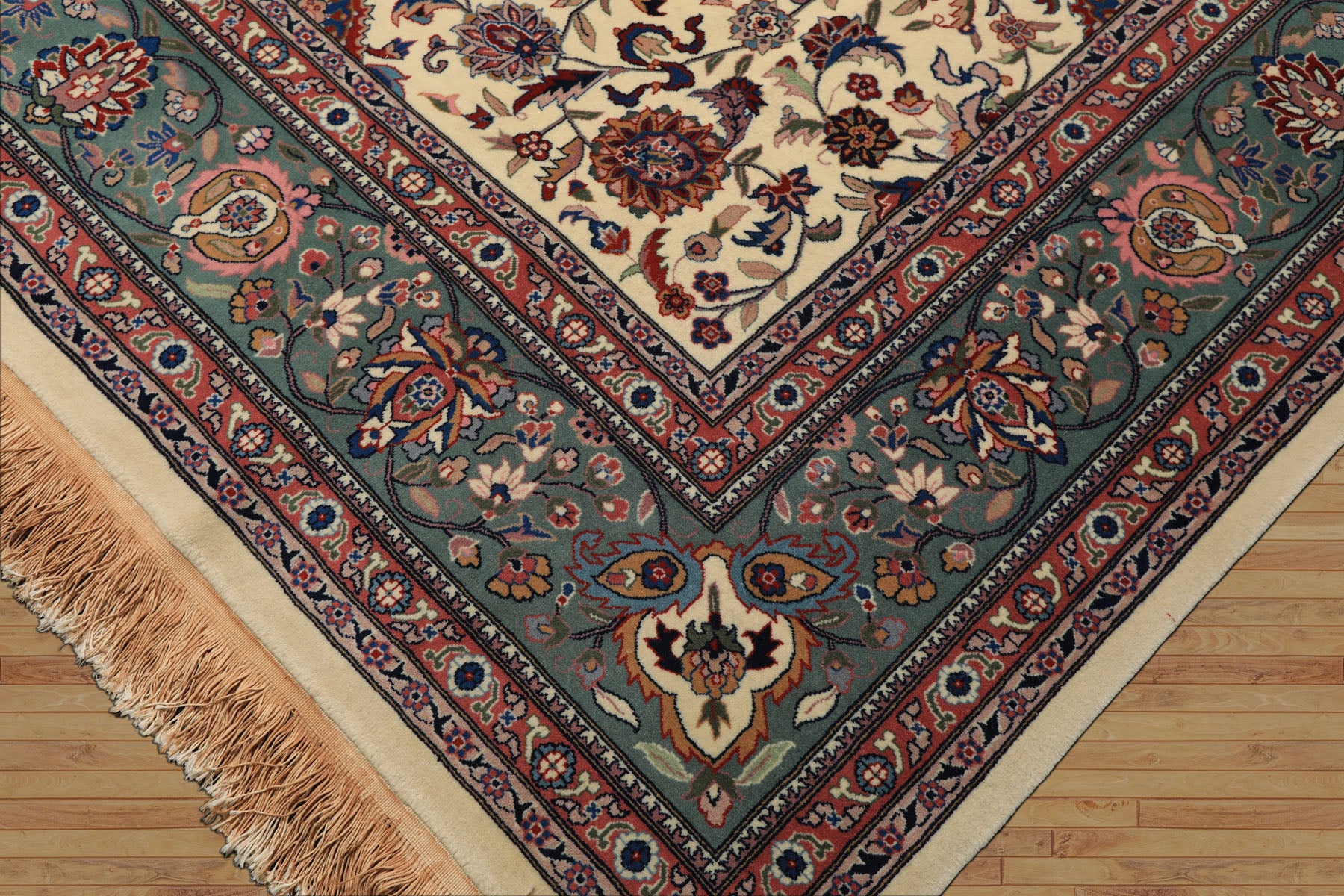 9x12 Ivory, Aqua, Rose Color Hand Knotted Kashan Wool Traditional/ Medallion Oriental Rug