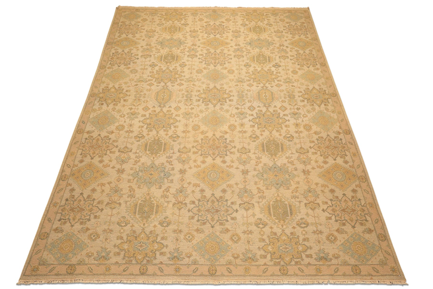 9x12 Beige, Mint, Peach Color Hand Knotted Soumak Wool Transitional Oriental Rug