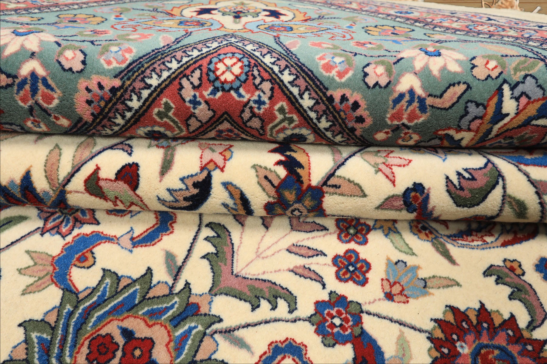 9x12 Ivory, Aqua, Rose Color Hand Knotted Kashan Wool Traditional/ Medallion Oriental Rug