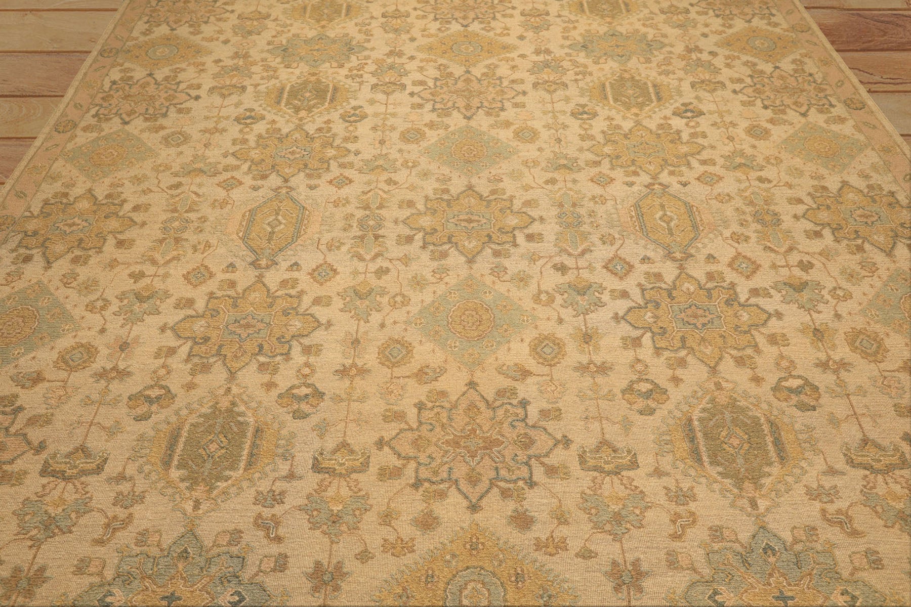 9x12 Beige, Mint, Peach Color Hand Knotted Soumak Wool Transitional Oriental Rug