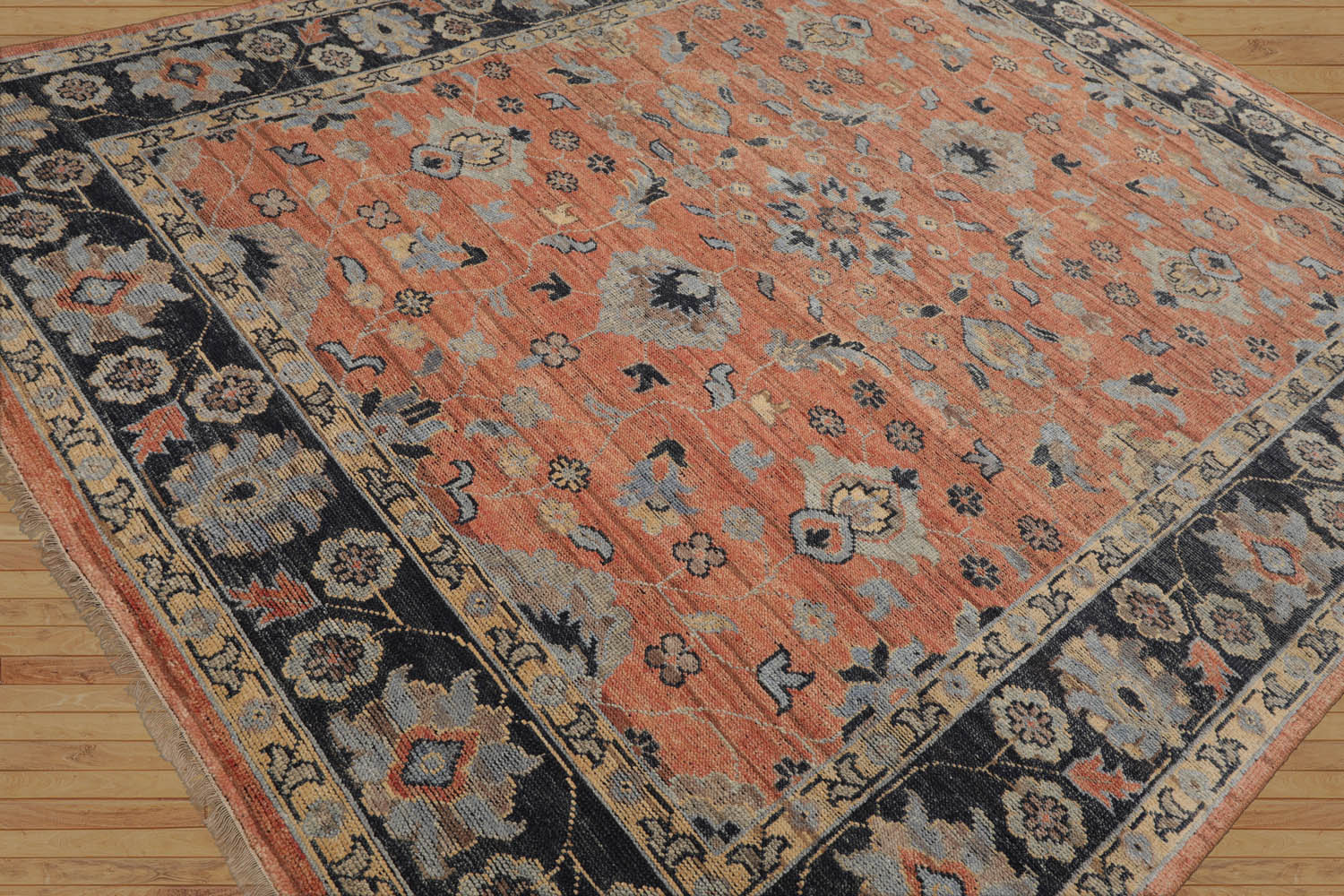 8x10 Rust, Blue, Tan Color Hand Knotted Oushak Wool Traditional Oriental Rug