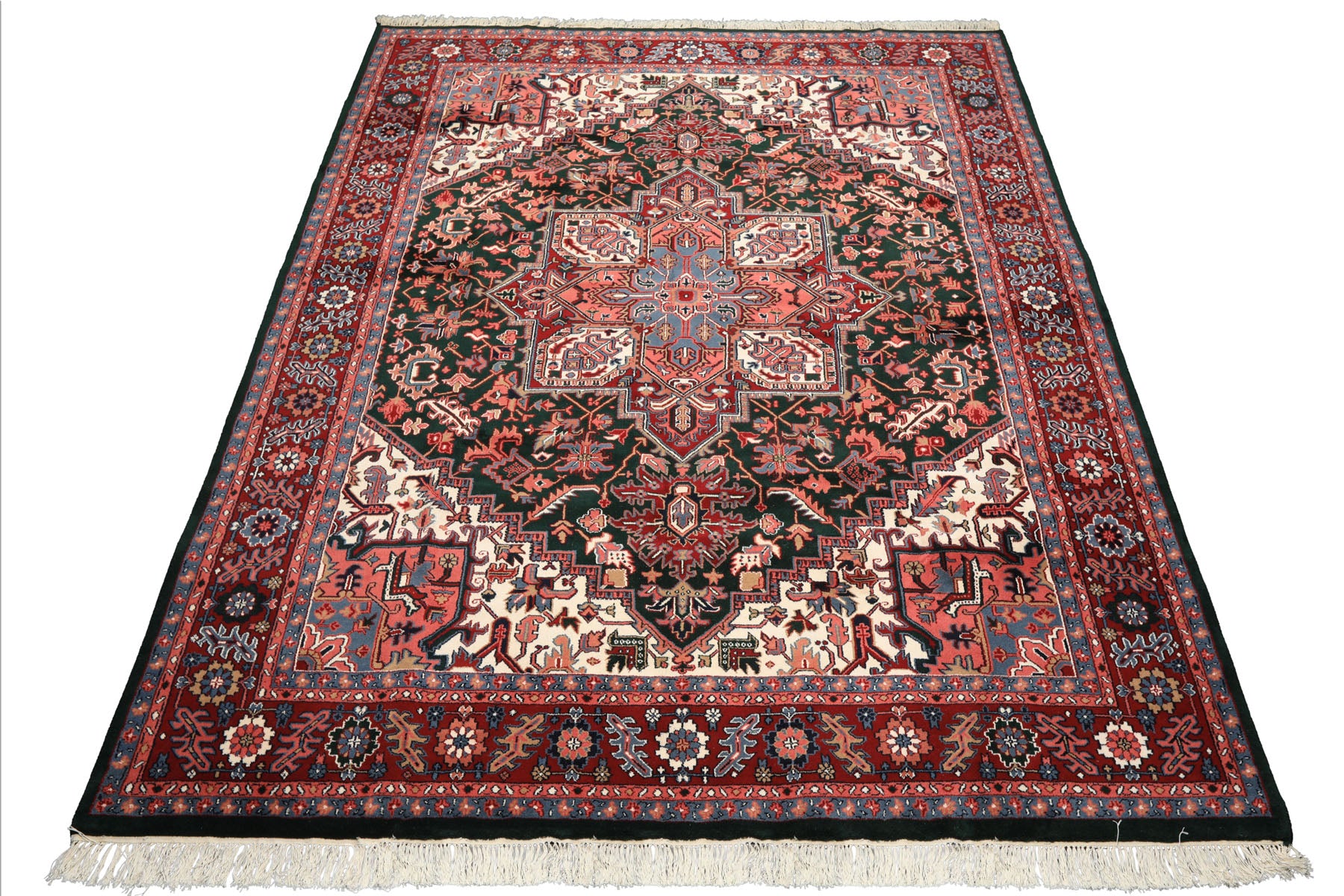 9x12 Green, Red, Pink Color Hand Knotted Heriz Wool Traditional/ Medallion Oriental Rug