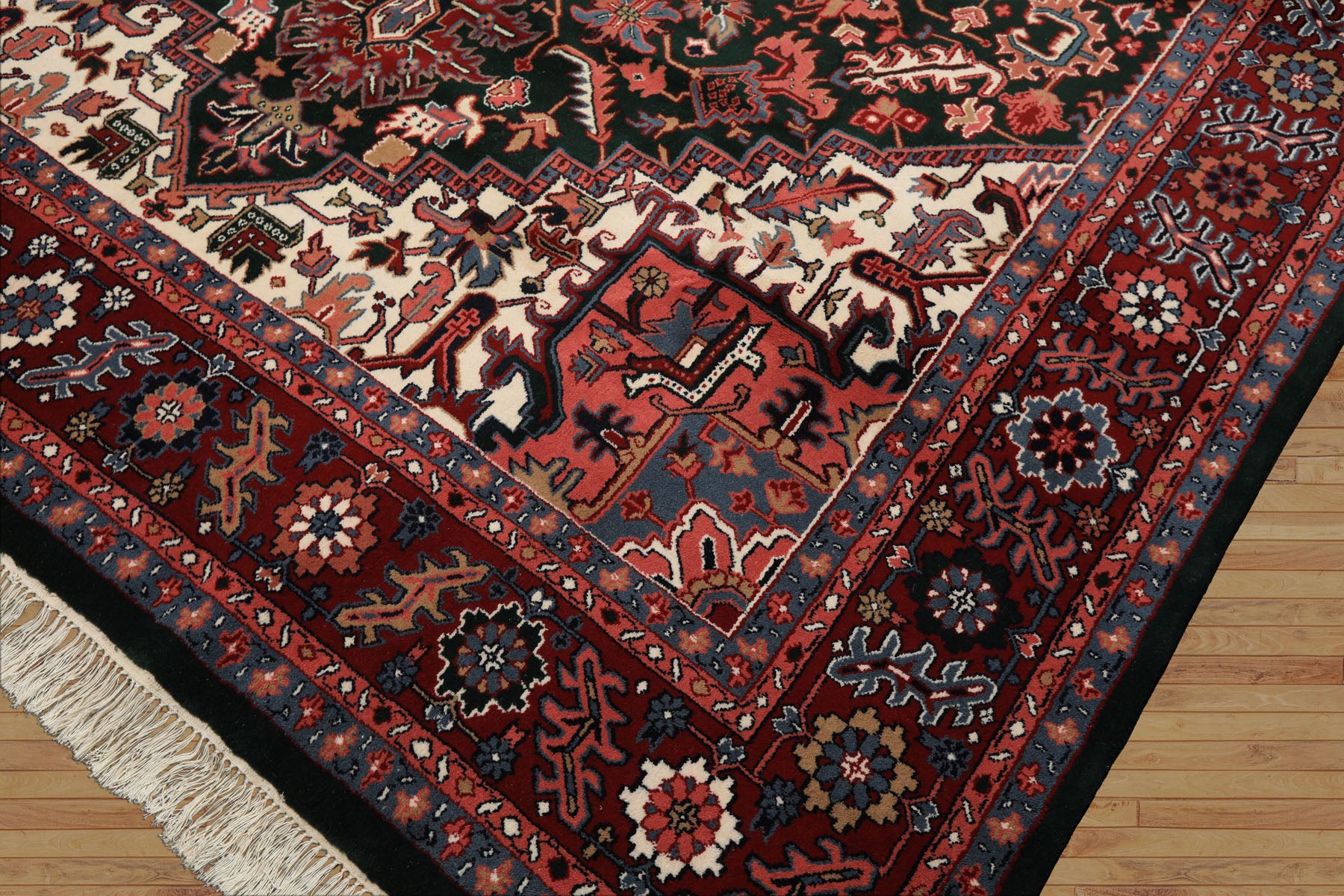 9x12 Green, Red, Pink Color Hand Knotted Heriz Wool Traditional/ Medallion Oriental Rug