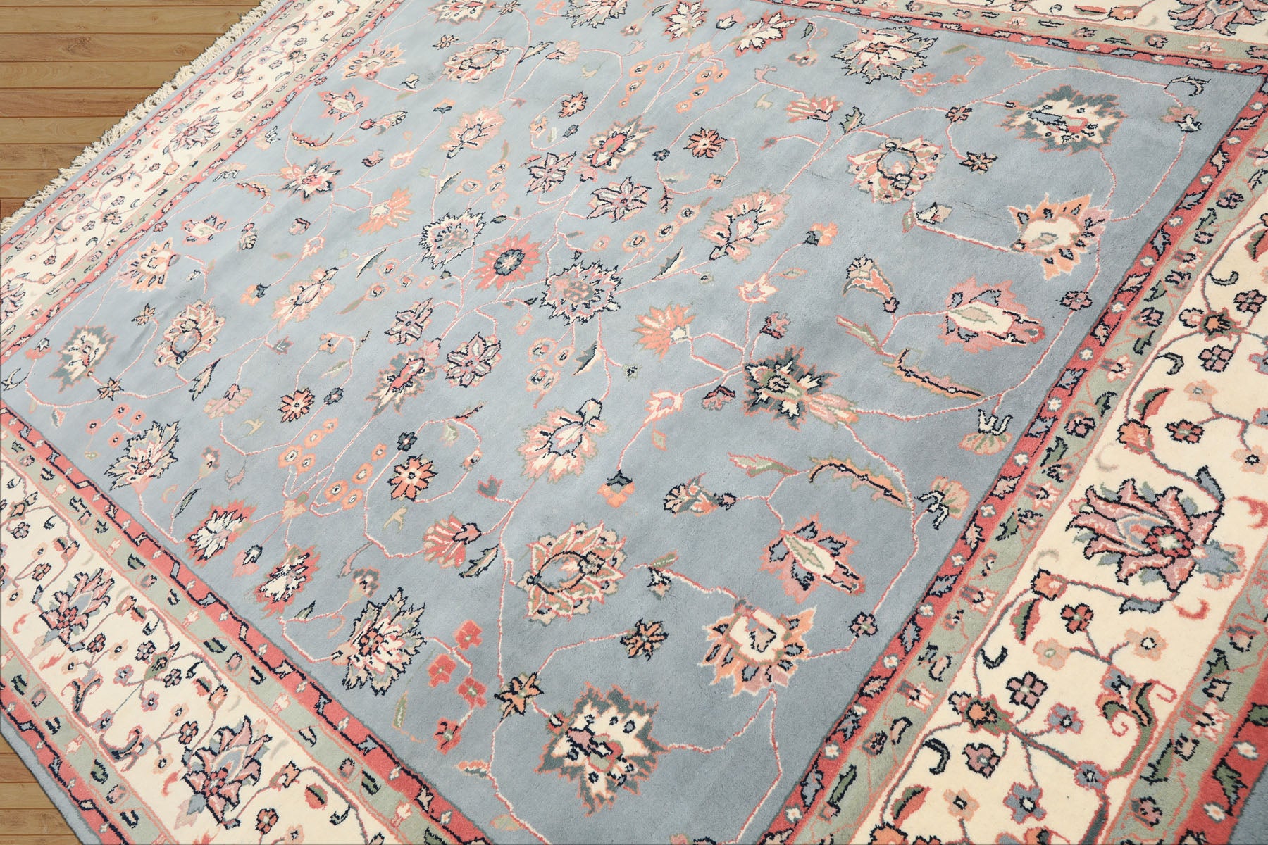8x10 Baby Blue, Ivory, Pink Color Hand Knotted Kashan Wool Traditional/ Botanical Oriental Rug