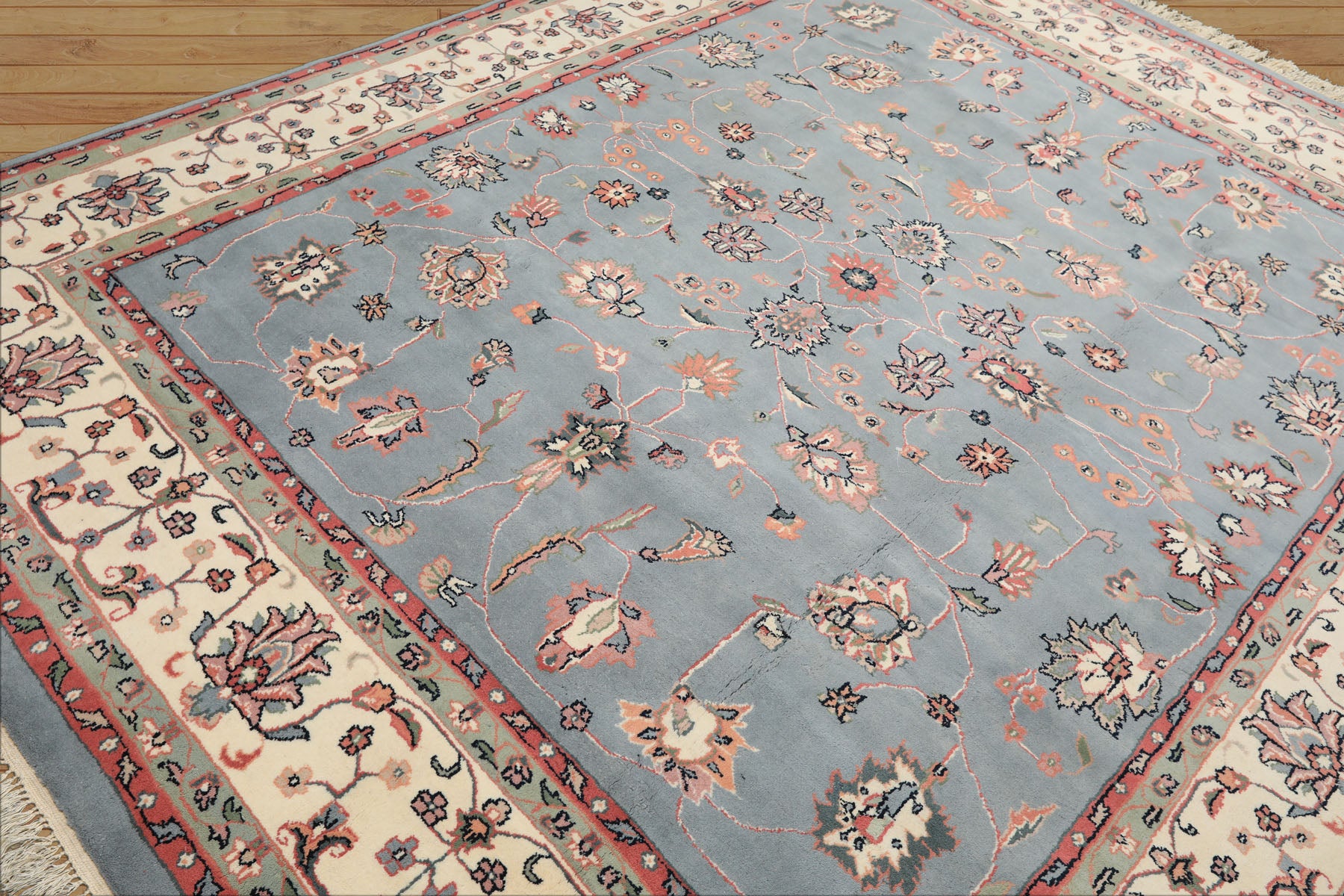 8x10 Baby Blue, Ivory, Pink Color Hand Knotted Kashan Wool Traditional/ Botanical Oriental Rug