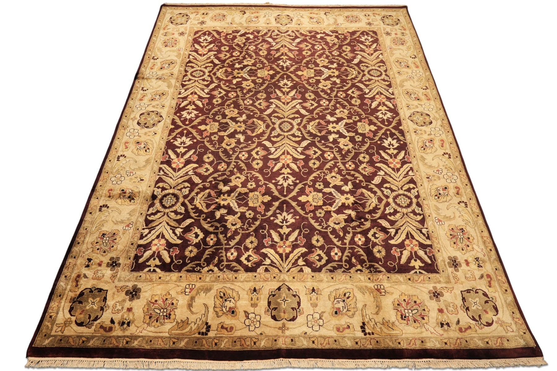9x12 Maroon, Light Gold, Beige Color Hand Knotted Agra New Zealand Wool Traditional Oriental Rug