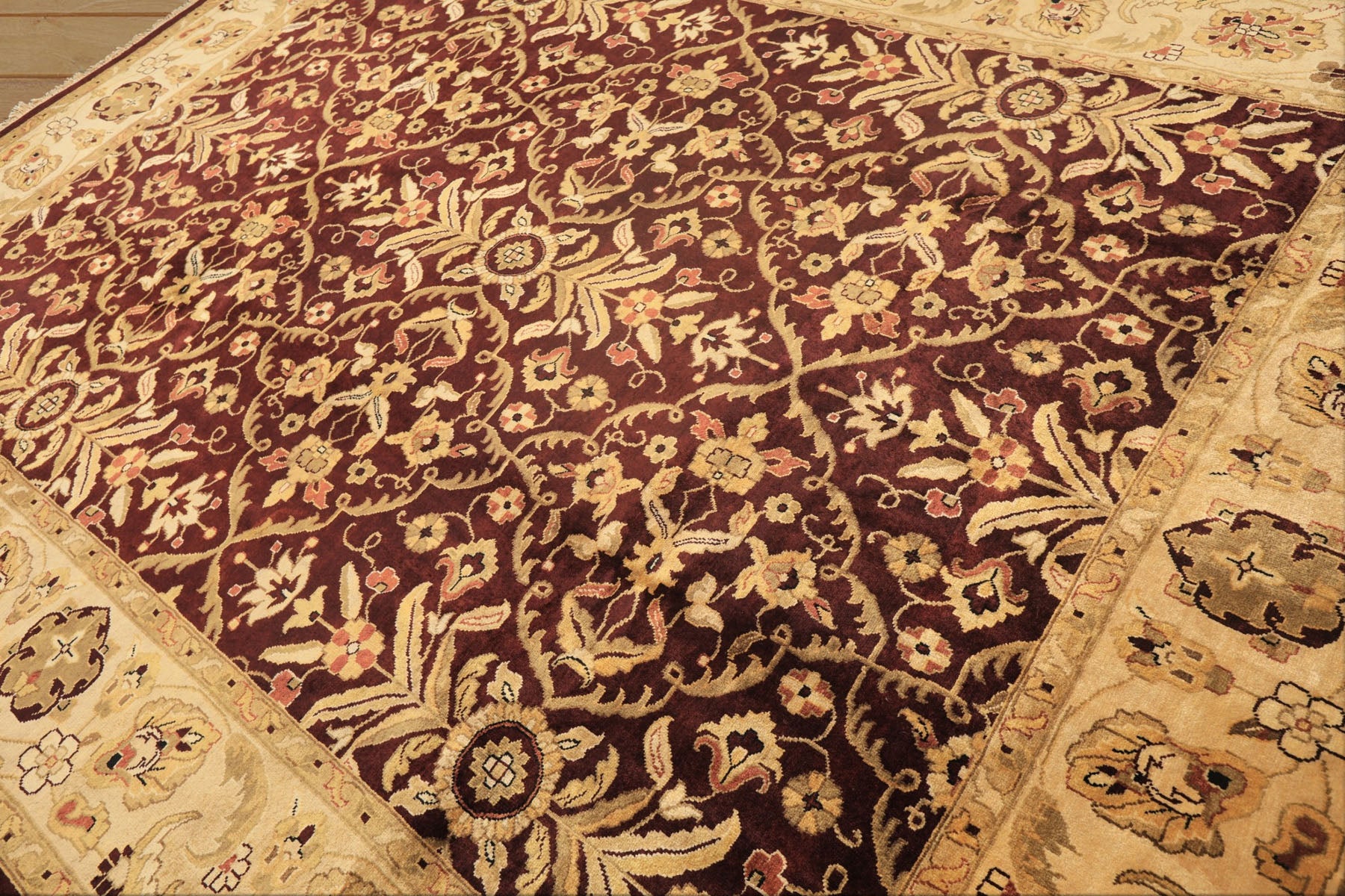 9x12 Maroon, Light Gold, Beige Color Hand Knotted Agra New Zealand Wool Traditional Oriental Rug