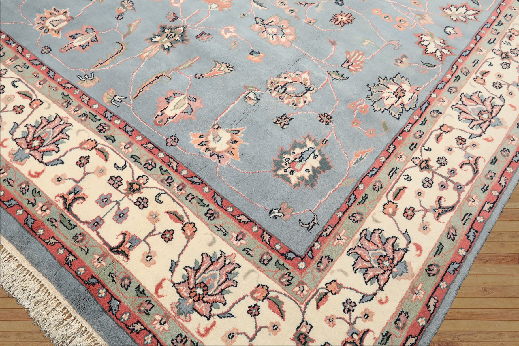 8x10 Baby Blue, Ivory, Pink Color Hand Knotted Kashan Wool Traditional/ Botanical Oriental Rug