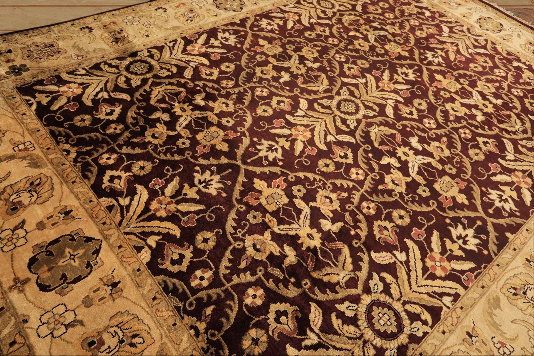 9x12 Maroon, Light Gold, Beige Color Hand Knotted Agra New Zealand Wool Traditional Oriental Rug