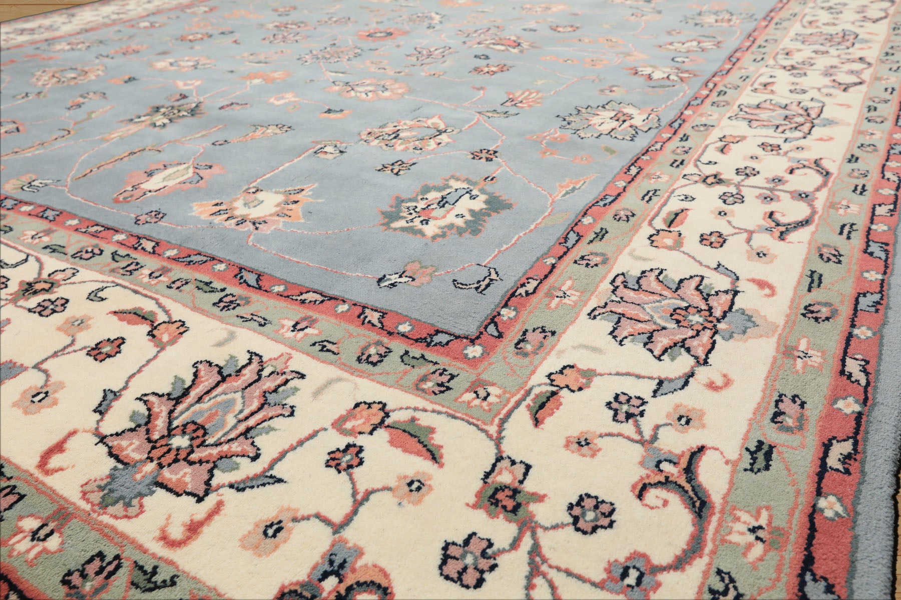 8x10 Baby Blue, Ivory, Pink Color Hand Knotted Kashan Wool Traditional/ Botanical Oriental Rug