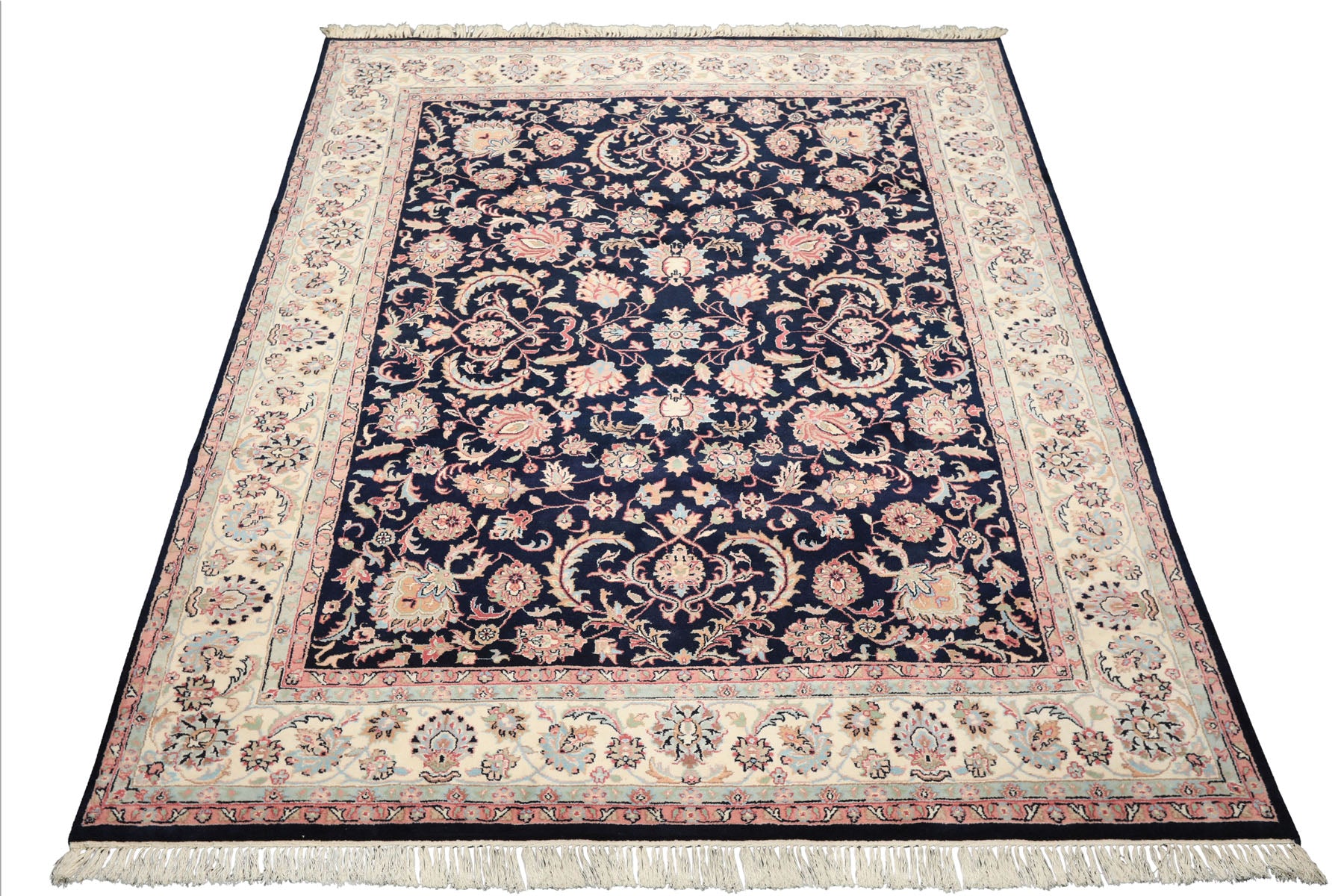 8x10 Midnight Blue, Ivory, Blush Color Hand Knotted Tabriz Wool Traditional Oriental Rug