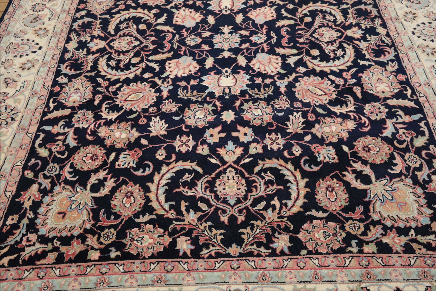 8x10 Midnight Blue, Ivory, Blush Color Hand Knotted Tabriz Wool Traditional Oriental Rug