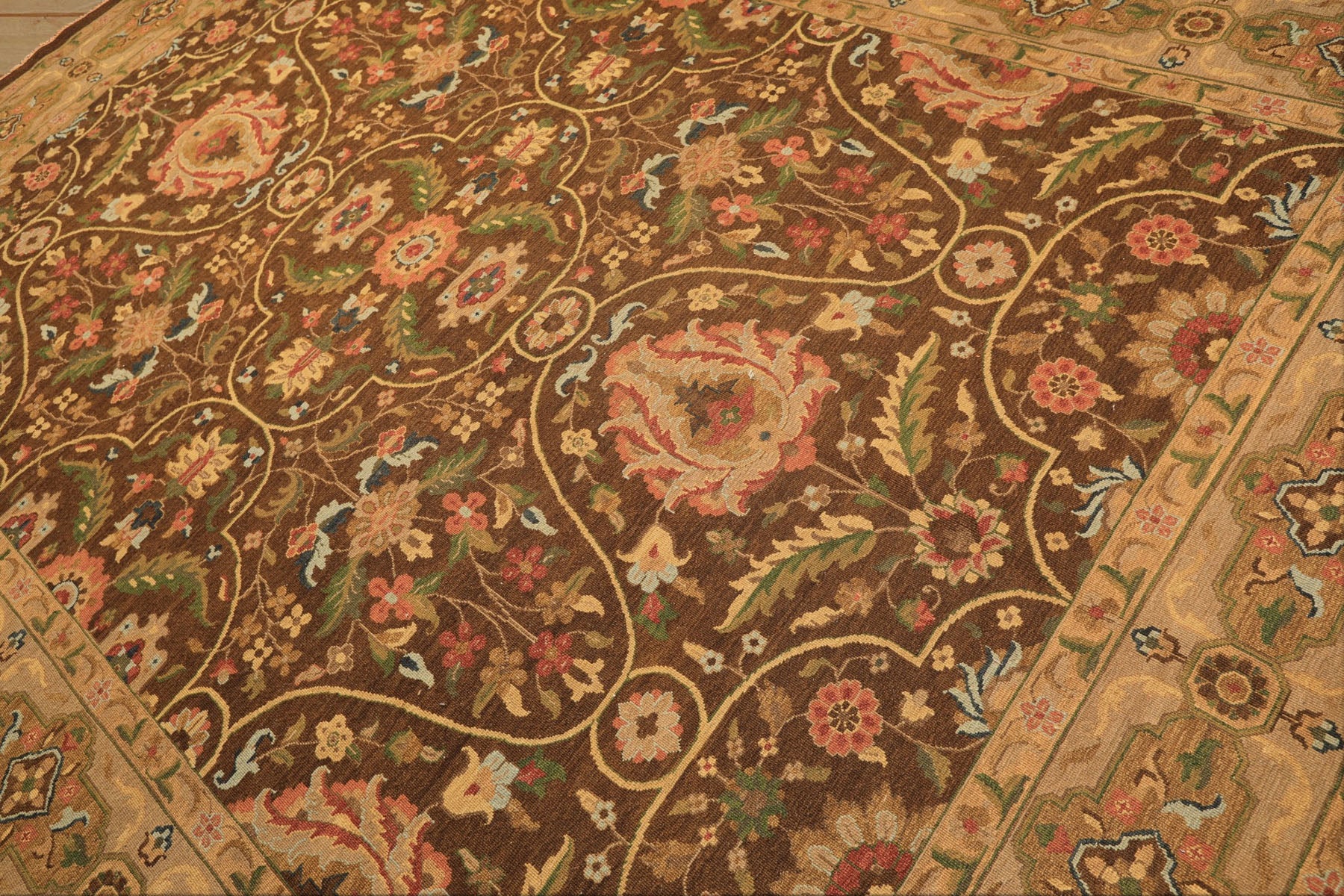 9x12 Brown, Taupe, Green Color Hand Knotted Soumak Wool Transitional Oriental Rug