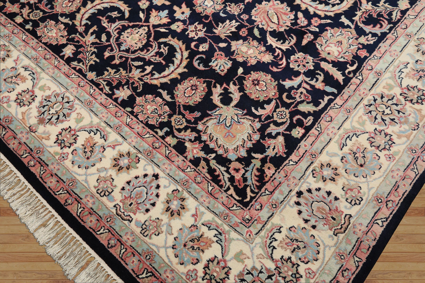 8x10 Midnight Blue, Ivory, Blush Color Hand Knotted Tabriz Wool Traditional Oriental Rug
