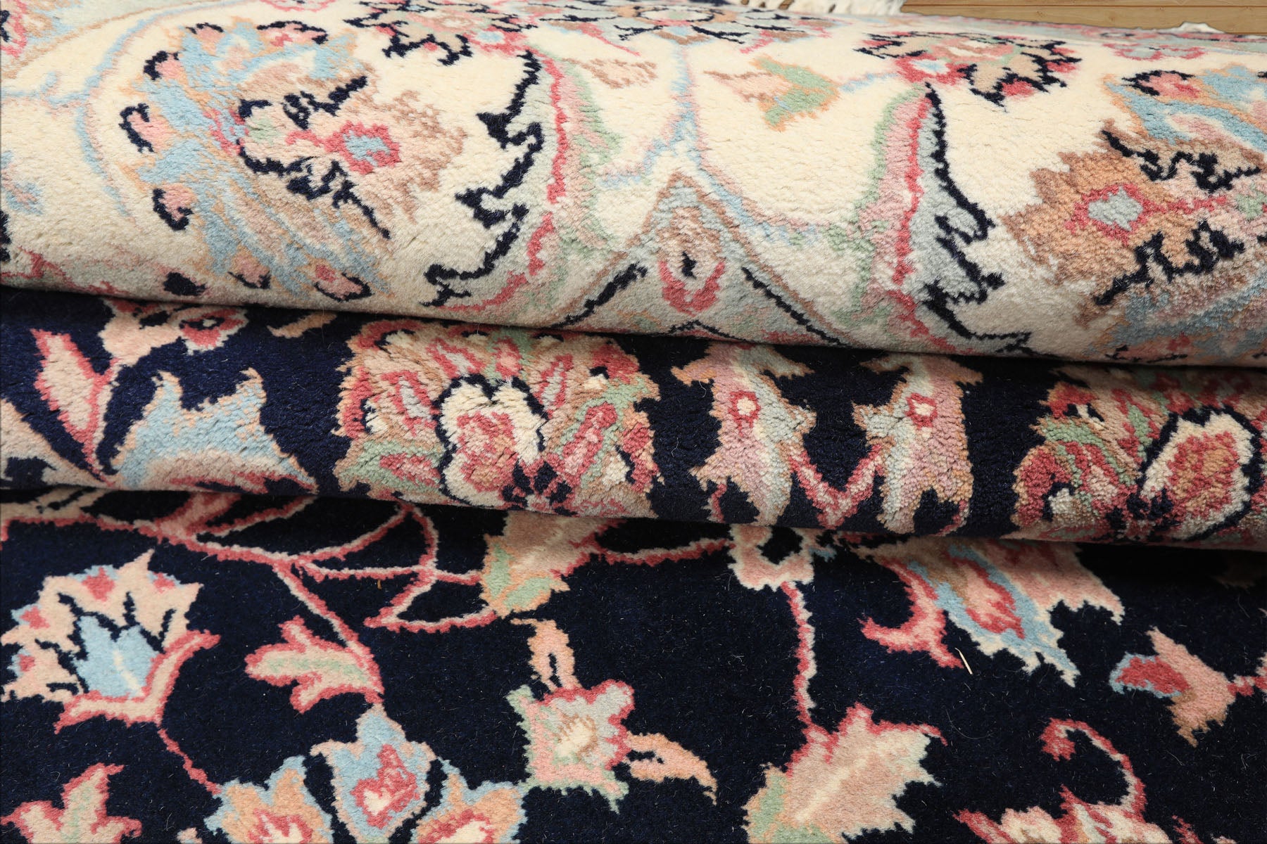 8x10 Midnight Blue, Ivory, Blush Color Hand Knotted Tabriz Wool Traditional Oriental Rug