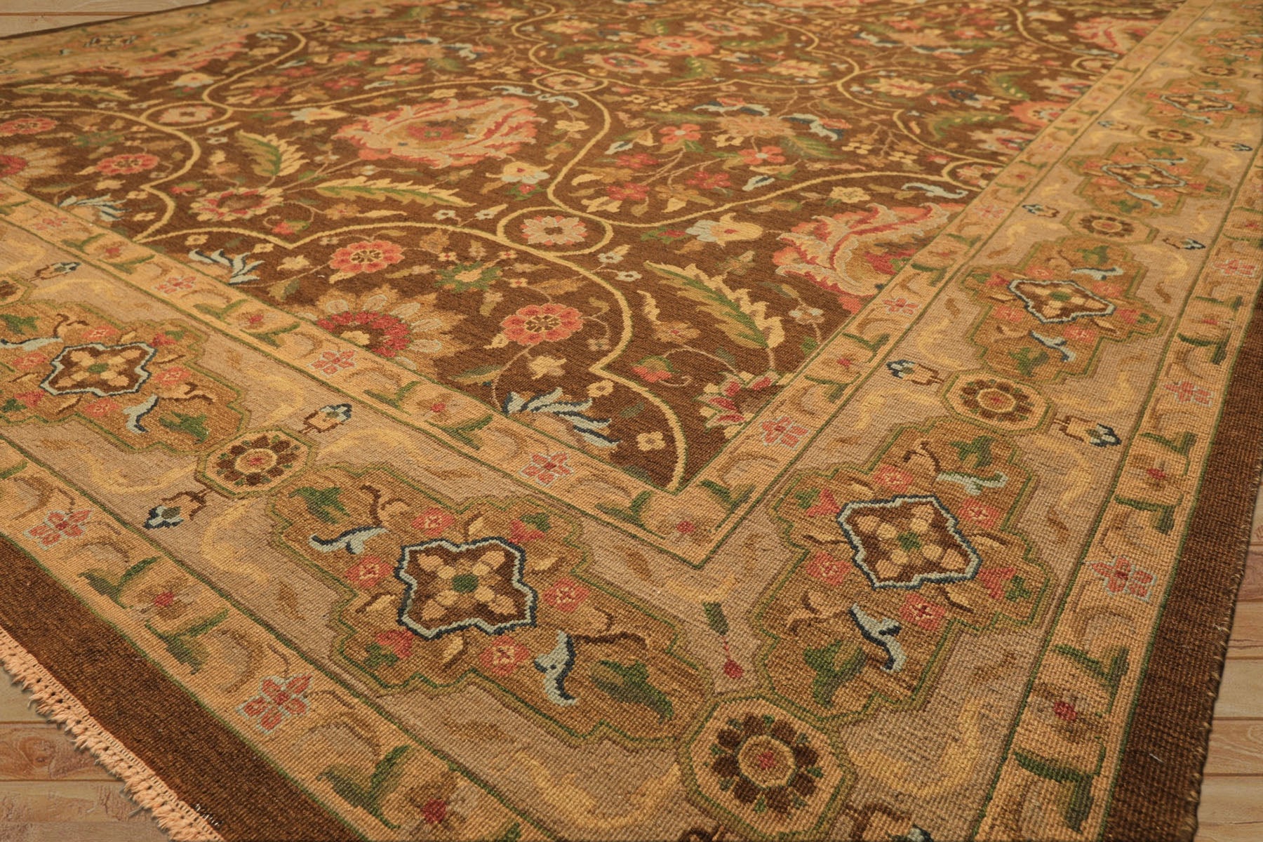 9x12 Brown, Taupe, Green Color Hand Knotted Soumak Wool Transitional Oriental Rug
