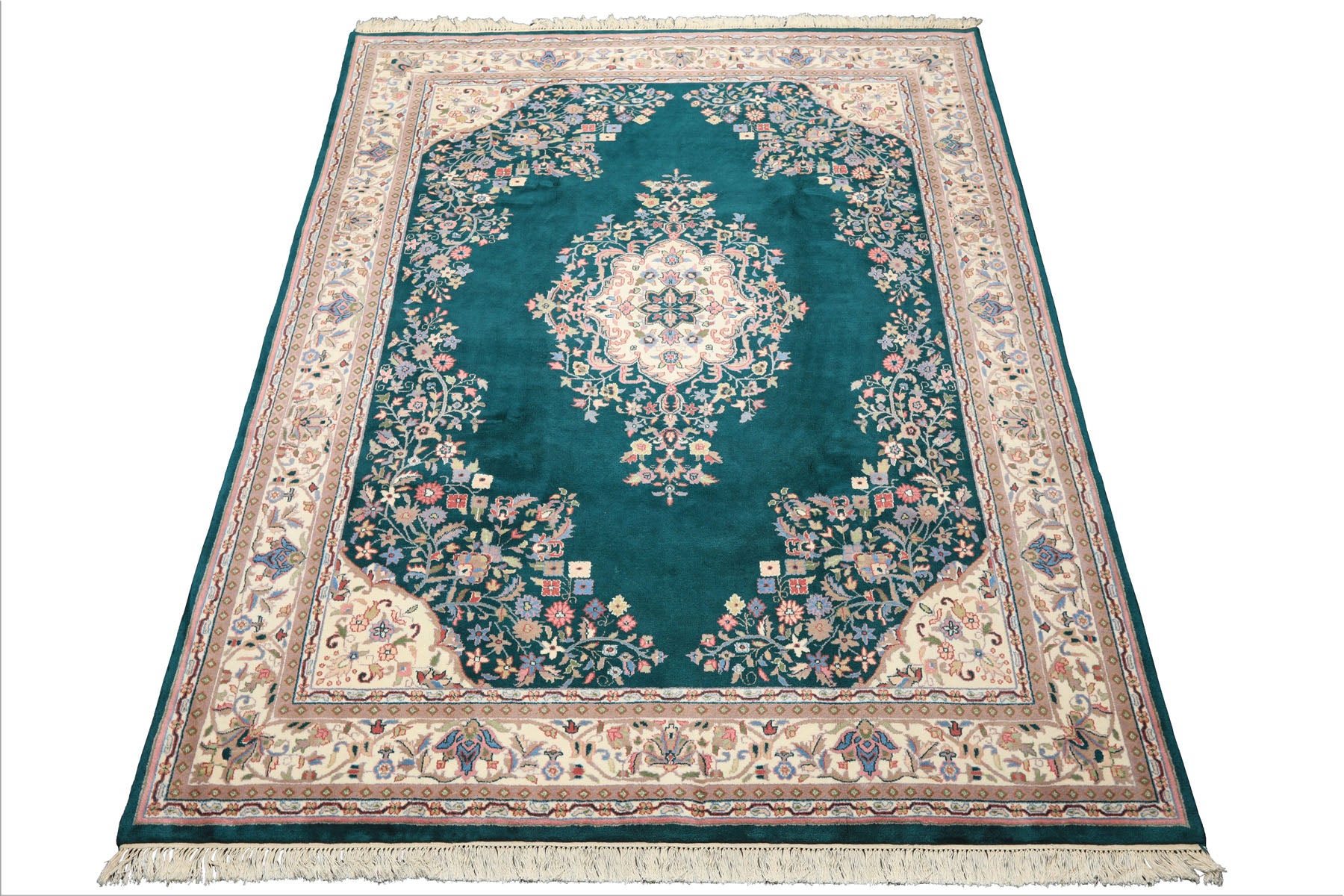 7x9 Emerald, Green, Ivory Color Hand Knotted Tabriz Wool Traditional Oriental Rug