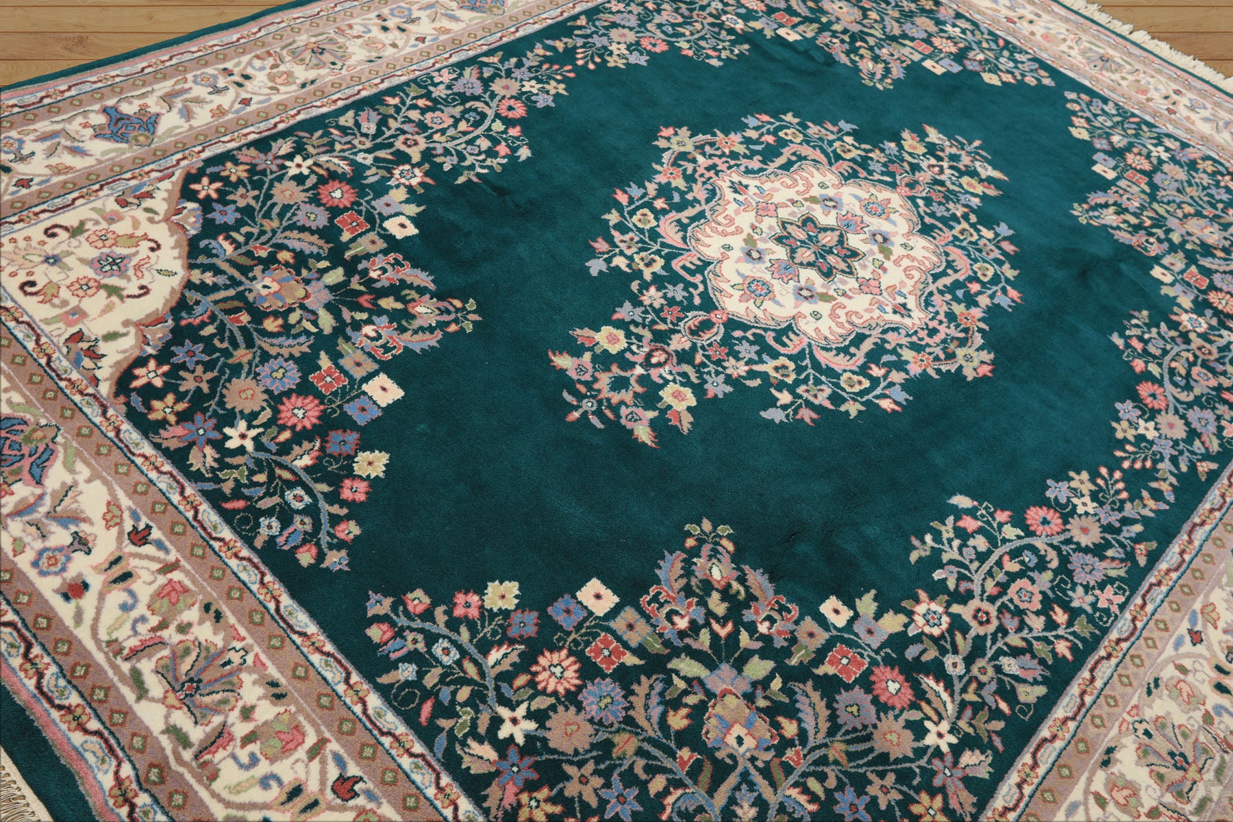 7x9 Emerald, Green, Ivory Color Hand Knotted Tabriz Wool Traditional Oriental Rug