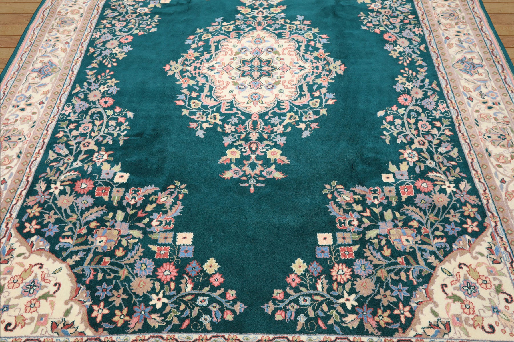 7x9 Emerald, Green, Ivory Color Hand Knotted Tabriz Wool Traditional Oriental Rug