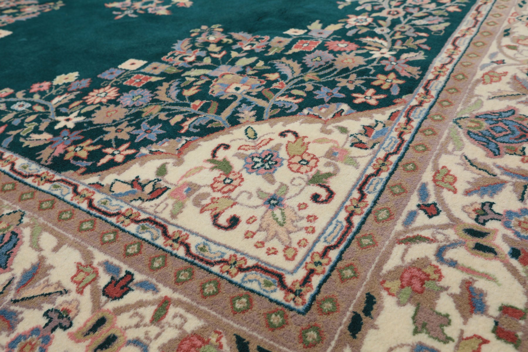 7x9 Emerald, Green, Ivory Color Hand Knotted Tabriz Wool Traditional Oriental Rug