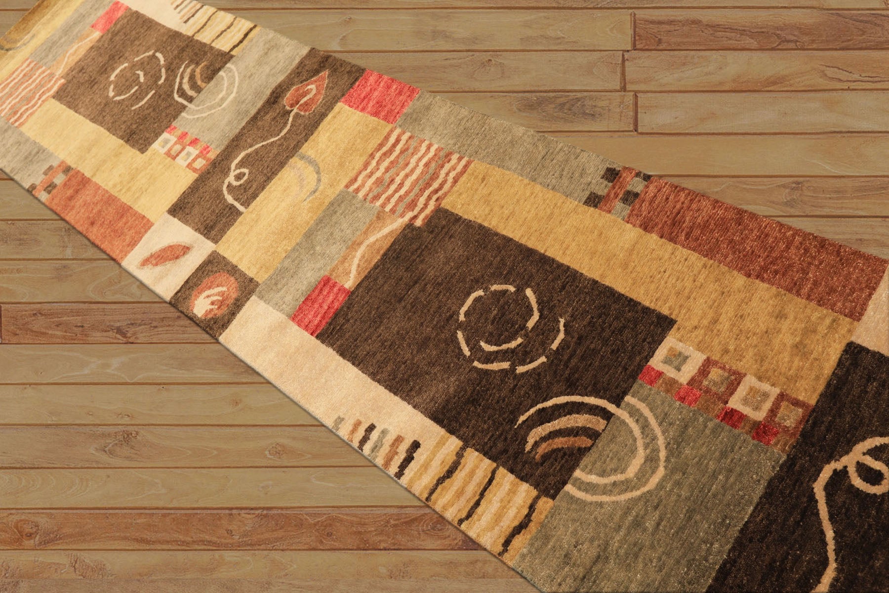 2'6x10 Gold, Brown, Rose Color Hand Knotted Tibetan New Zealand Wool Modern & Contemporary Oriental Rug