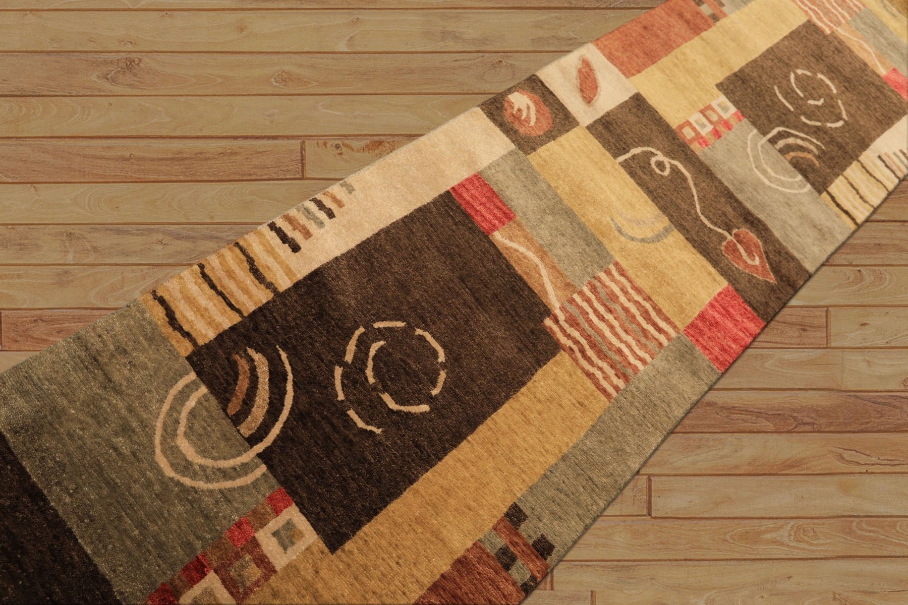 2'6x10 Gold, Brown, Rose Color Hand Knotted Tibetan New Zealand Wool Modern & Contemporary Oriental Rug