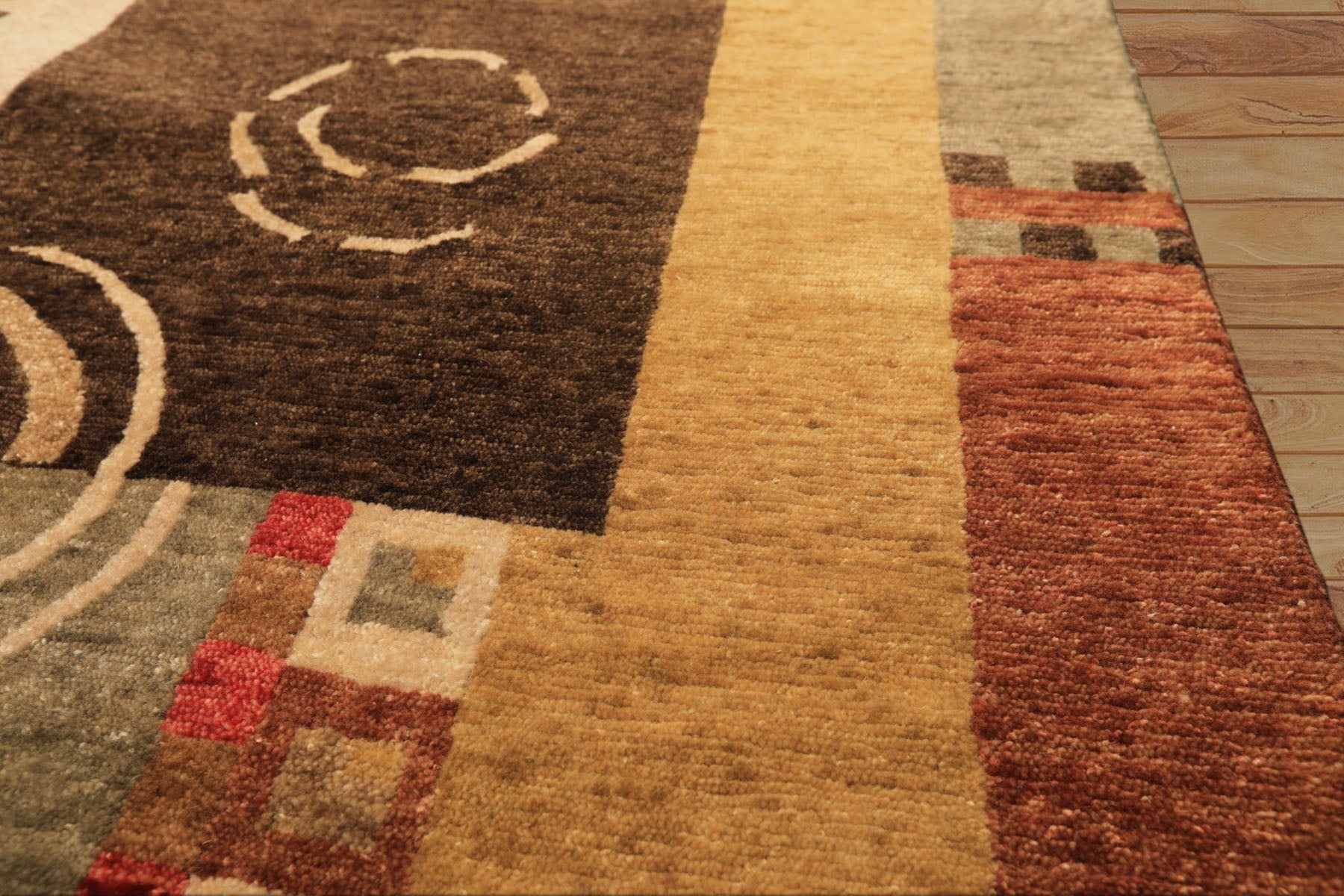 2'6x10 Gold, Brown, Rose Color Hand Knotted Tibetan New Zealand Wool Modern & Contemporary Oriental Rug