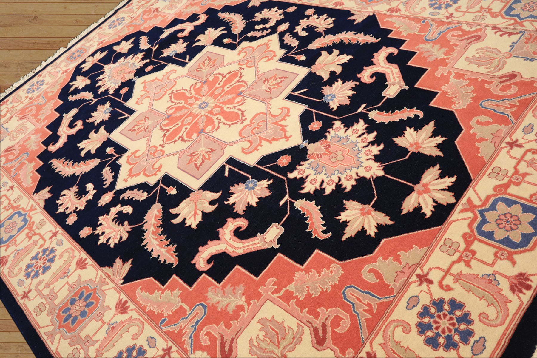 9x12 Navy, Ivory, Salmon Color Hand Knotted Heriz Wool Traditional/ Medallion Oriental Rug