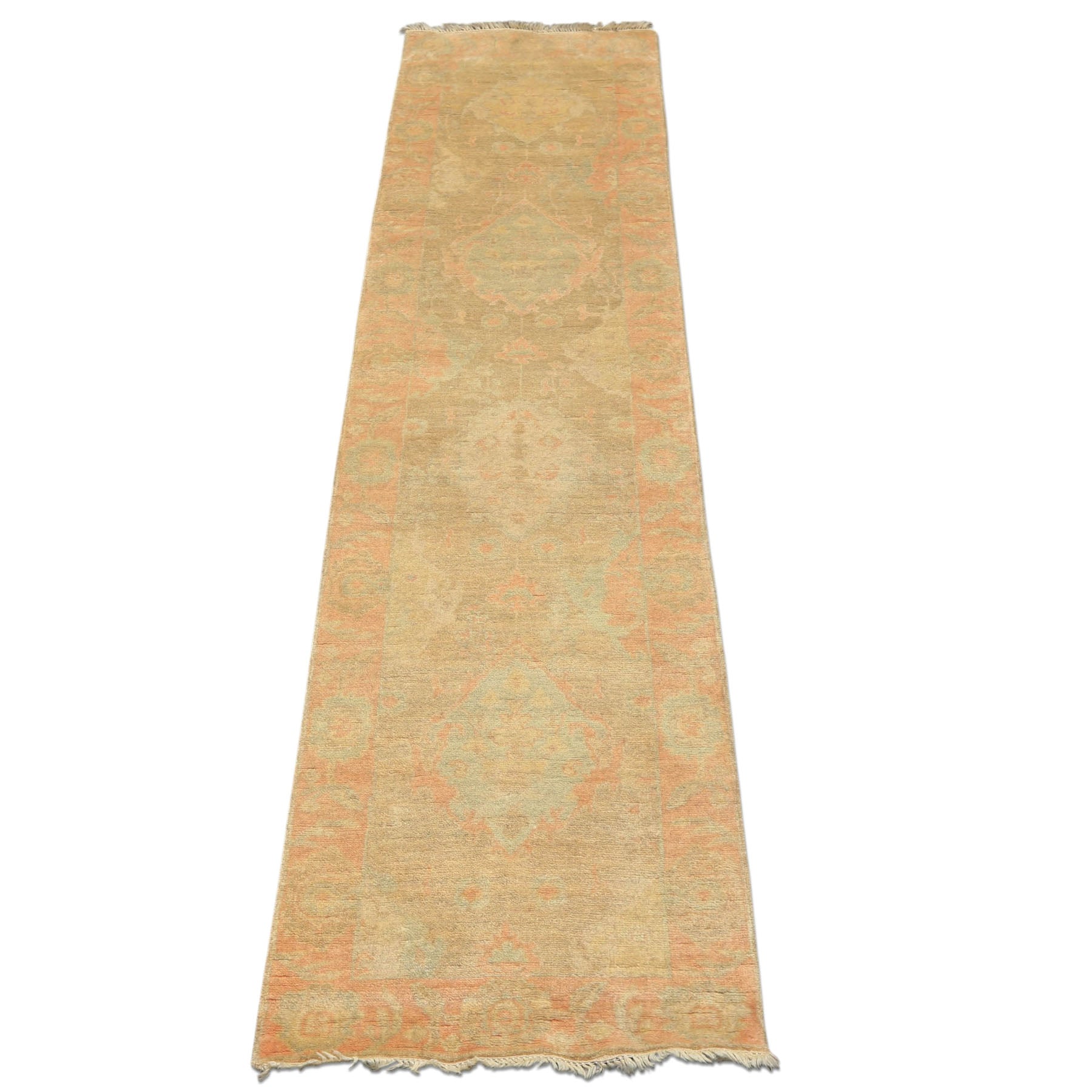 2'6x10 Beige, Mint, Blush Color Hand Knotted Oushak Wool Transitional Oriental Rug