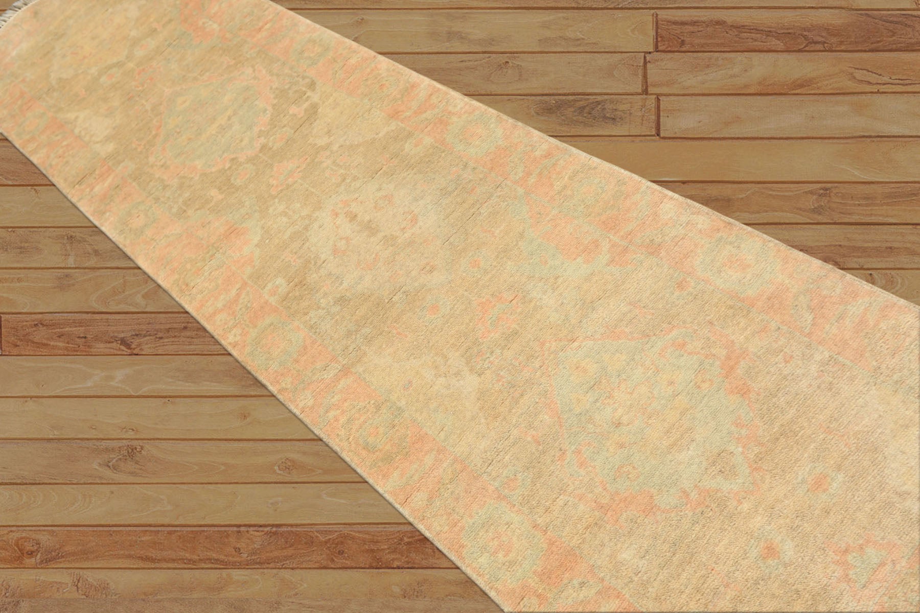 2'6x10 Beige, Mint, Blush Color Hand Knotted Oushak Wool Transitional Oriental Rug