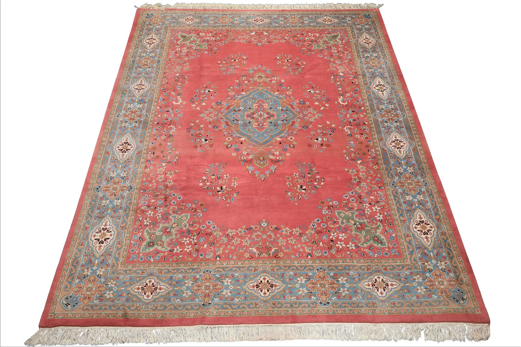 9x12 Pink, Blue, Sage Color Hand Knotted Kashan Wool Traditional/ Botanical Oriental Rug