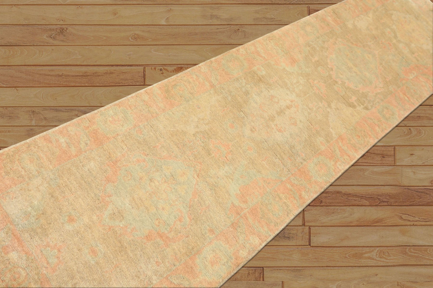 2'6x10 Beige, Mint, Blush Color Hand Knotted Oushak Wool Transitional Oriental Rug